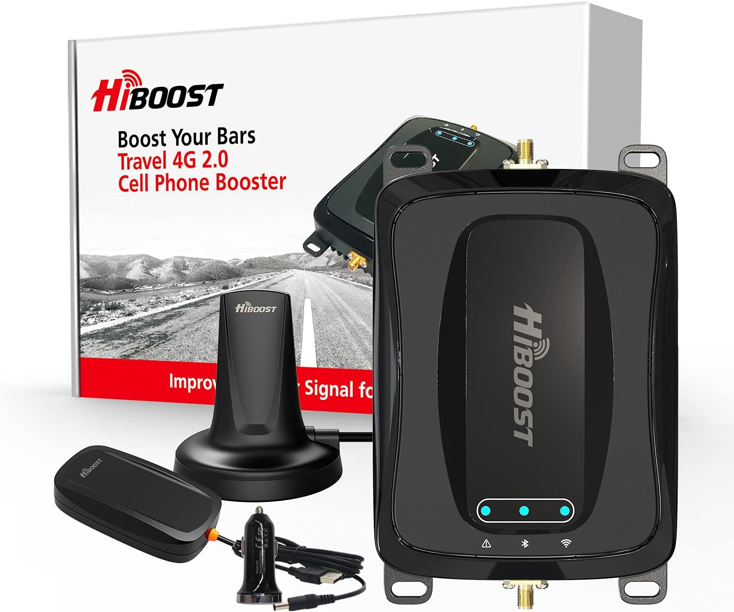 HiBoost Vehicle Cell Phone Signal Booster for Car, SUV, Van. APP fine Tune MAX gain. Car Cell Phone Booster for All U.S. Carriers-Verizon AT&T T-Mobile Sprint & More, FCC Approved