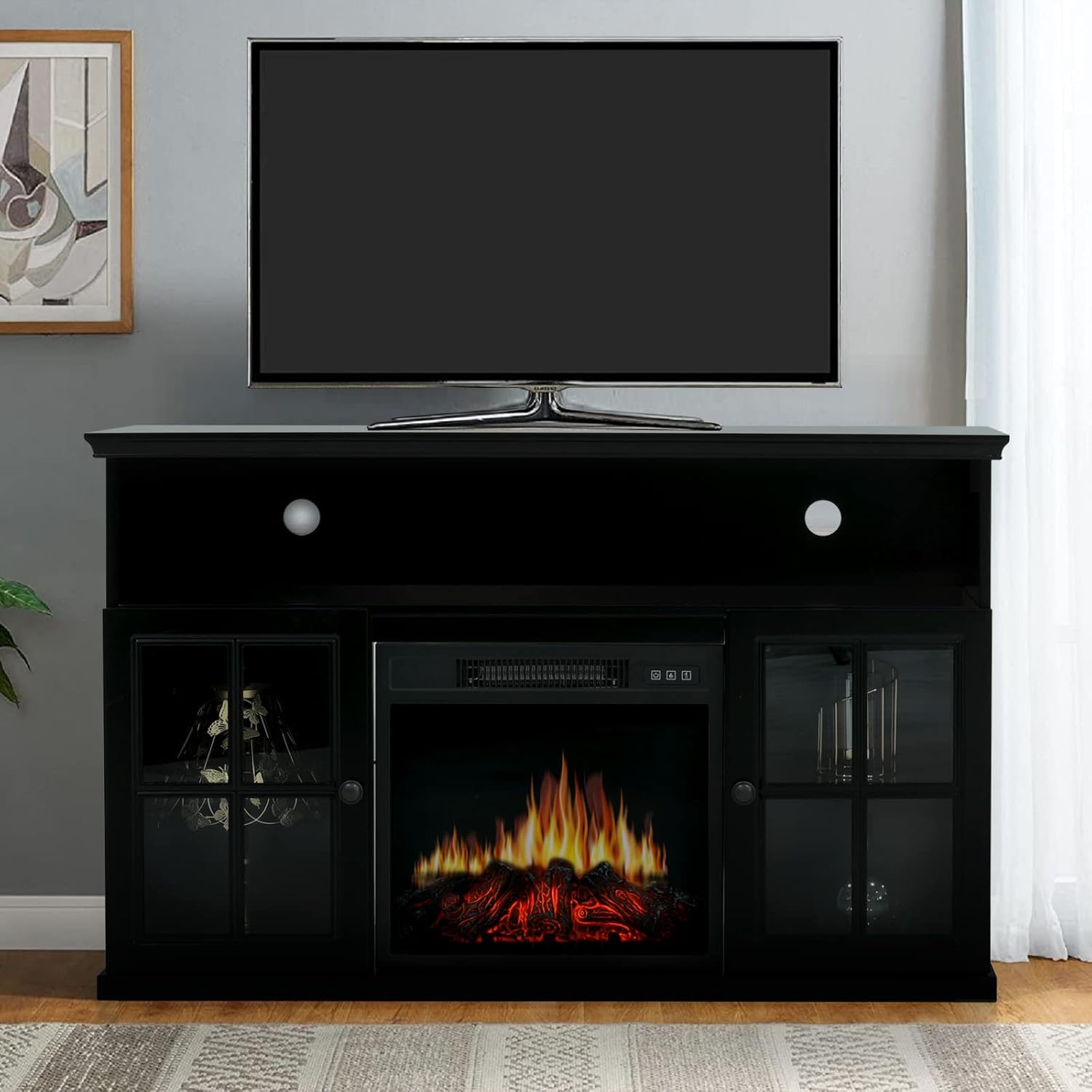 Sophia & William Farmhouse Electric Fireplace TV Stand for TV's Up to 65, Accent Decorative Barn Door Storage Cabinet Chest with 23 Insert Fireplace for Living Room Bedroom Home Office, Burlywood