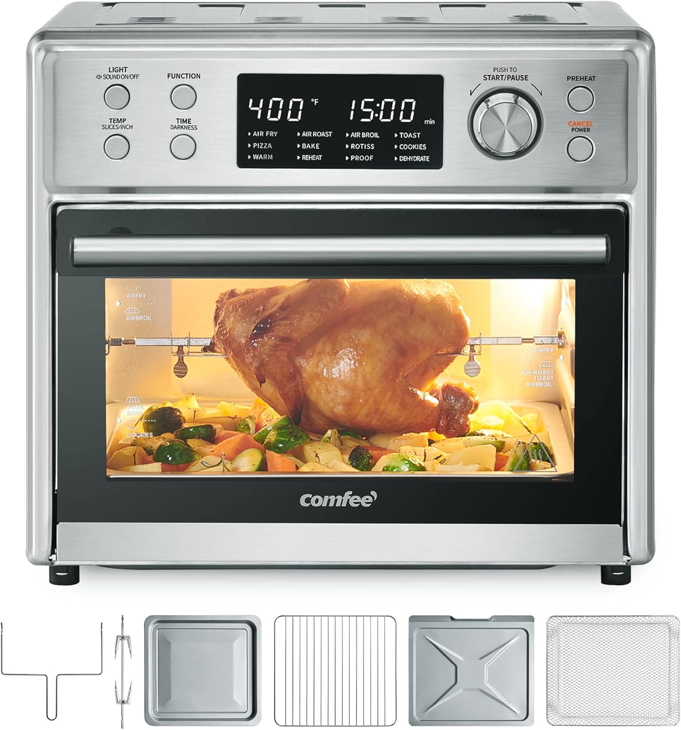 COMFEE' Toaster Oven Air Fryer Combo, 12-in-1 Air Fryer Oven with Rotisserie, 6 Slice Toast 12' Pizza, Double Layer, Countertop Convection, 25L/26.4QT, Precise Temp Control, 6 Accessories