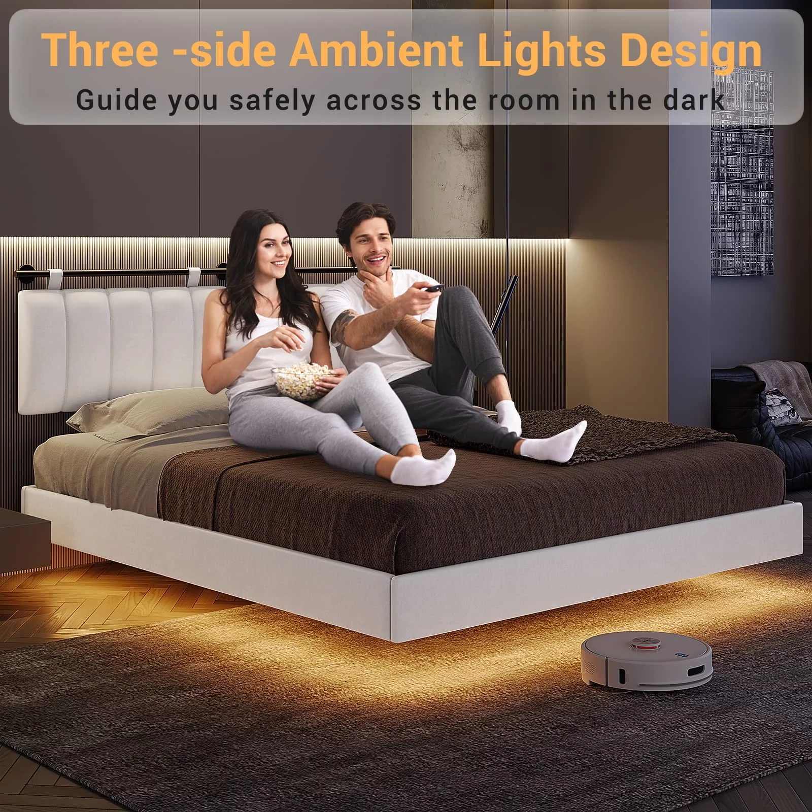 Afuhokles LED Floating Queen Bed Frame with Wall Mounted Headboard and Led Lights, Platform Bed Frame with Upholstered Headboard, Faux Leather Fabric, No Box Spring Needed, White