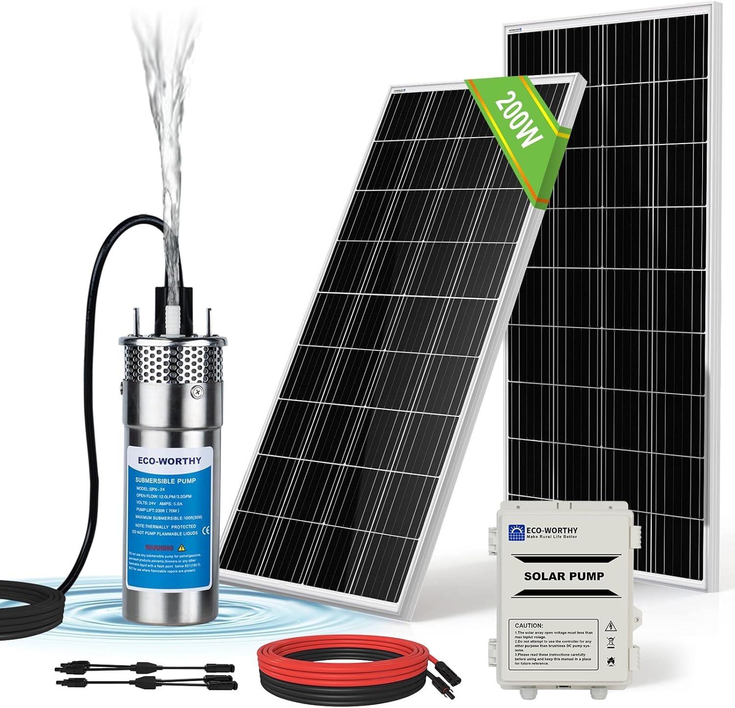 ECO-WORTHY Solar Deep Well Water Pump Kit 12V DC Submersible Water Pump with 2pcs 100W Mono Solar Panel 10AH Battery Controller for Well Pond Home Farm Stainless Steel