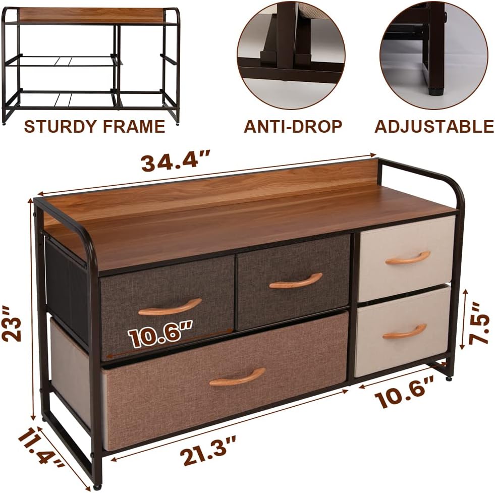 CONNOO Large Storage Dresser Unit, Wide Standing Fabric Dresser Room Organizer Cabinet for Bedroom, Hallway, Entryway, Closet, Nursery, 5 Removable Drawers Storage Tower, Wooden Top & Easy Pull Handle