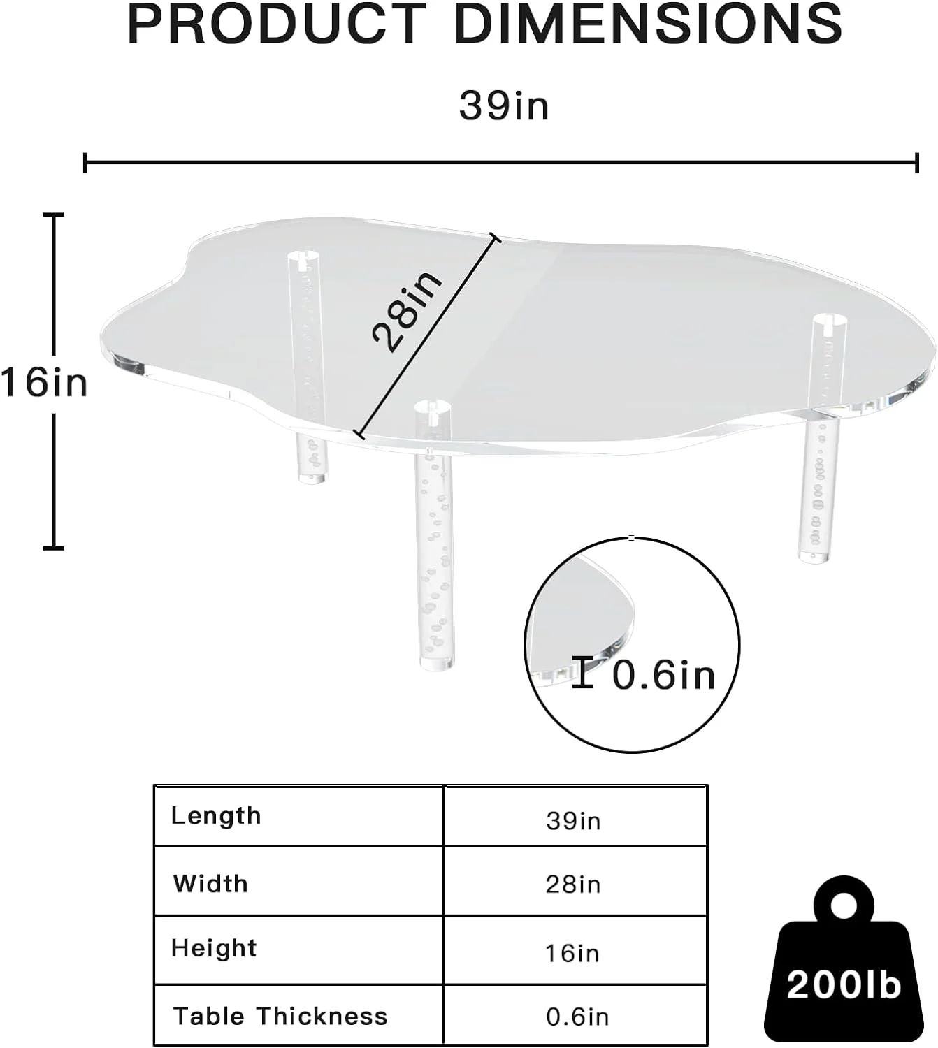 RUNFAYBIU Acrylic Cloud Shape Coffee Table  39"x28"x16" Modern Irregular Waterfall Clear Coffee Table  with 3 Solid Bubble Legs for Living Room Home Decor