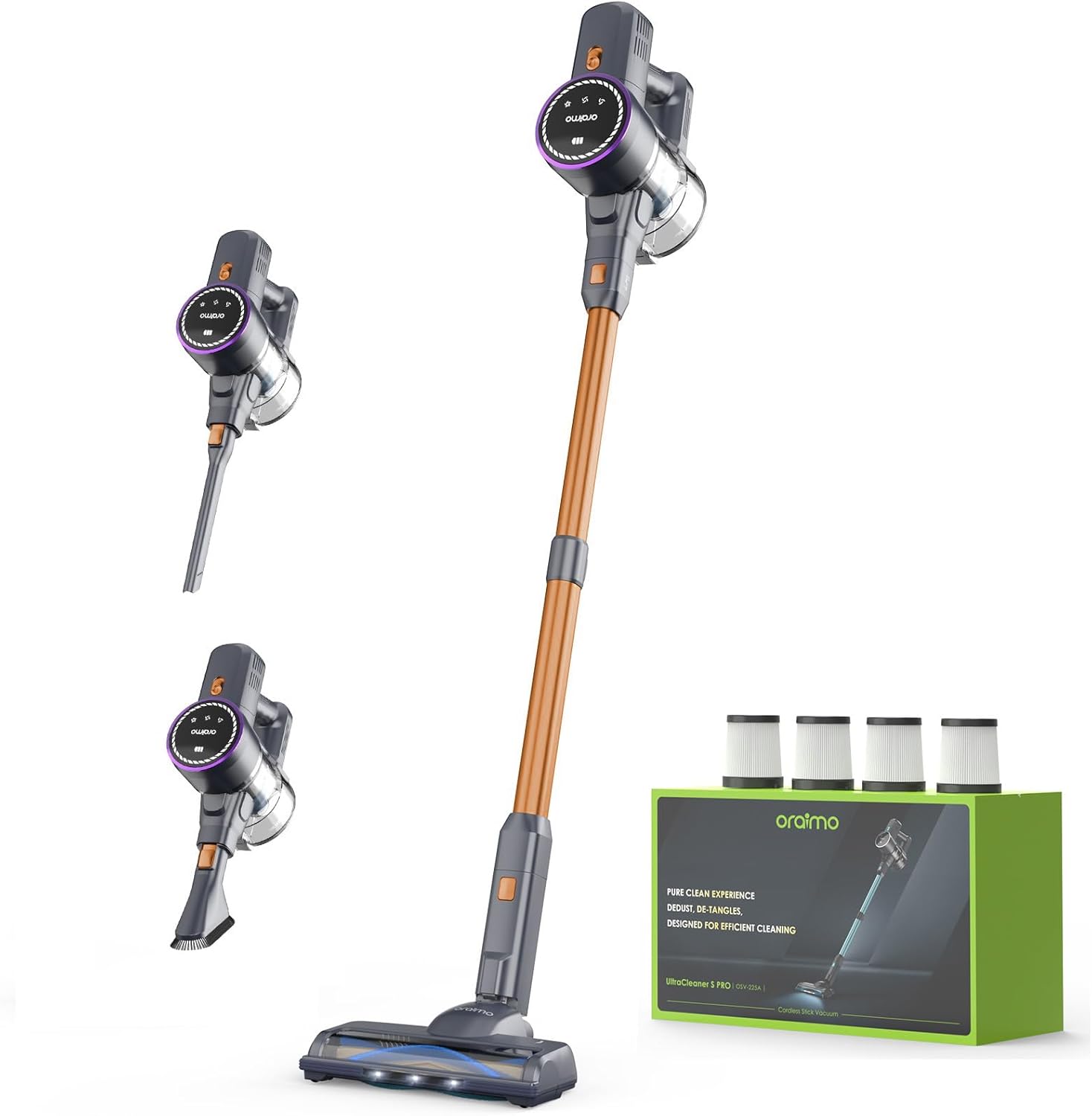 Oraimo Cordless Vacuum, 270W 24Kpa Powerful Stick Vacuum with 45min Detachable Battery,LED Display,Anti-Tangle Vacuum Cleaner for Home, Wireless Vacuum for Pet Hair/Carpet/Hard Floor(Gold)