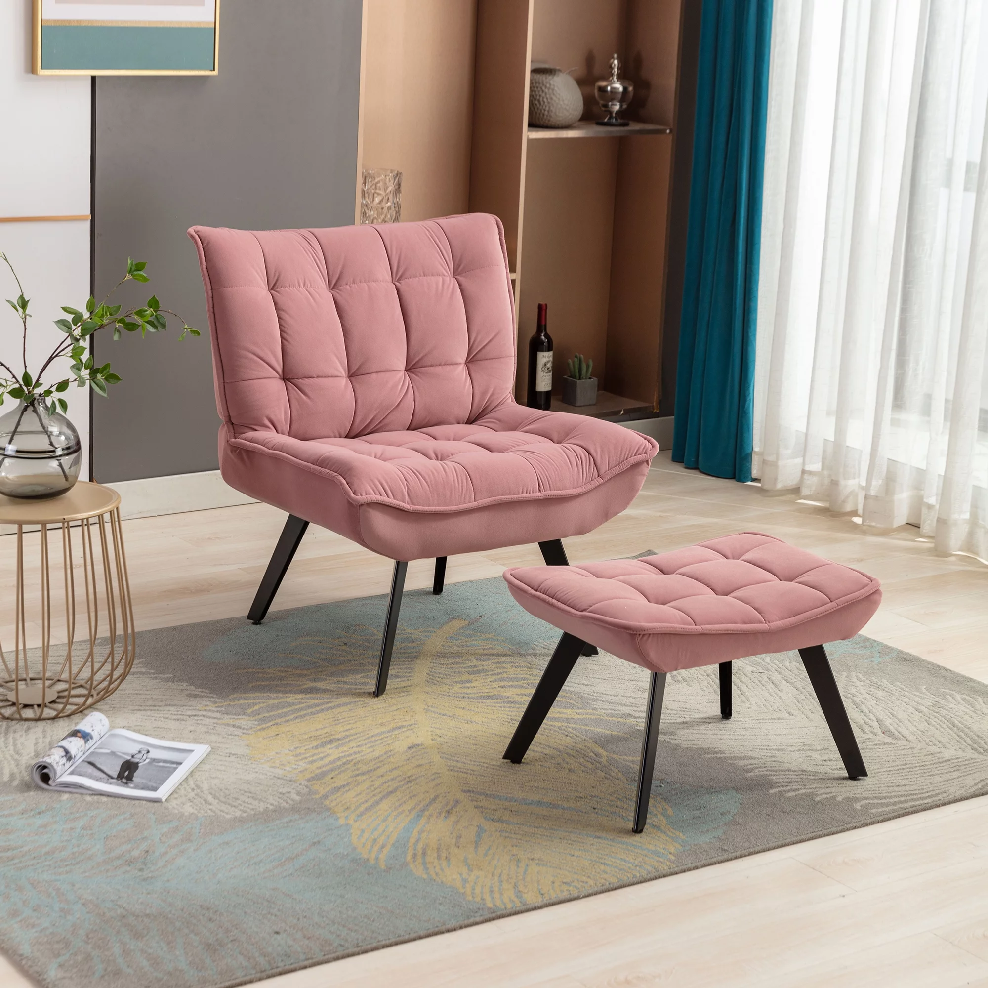 Modern Soft Velvet Fabric Material Large Width Accent Chair Leisure Chair Armchair TV Chair Bedroom Chair With Ottoman Black Legs For Indoor Home And Living Room,Pink