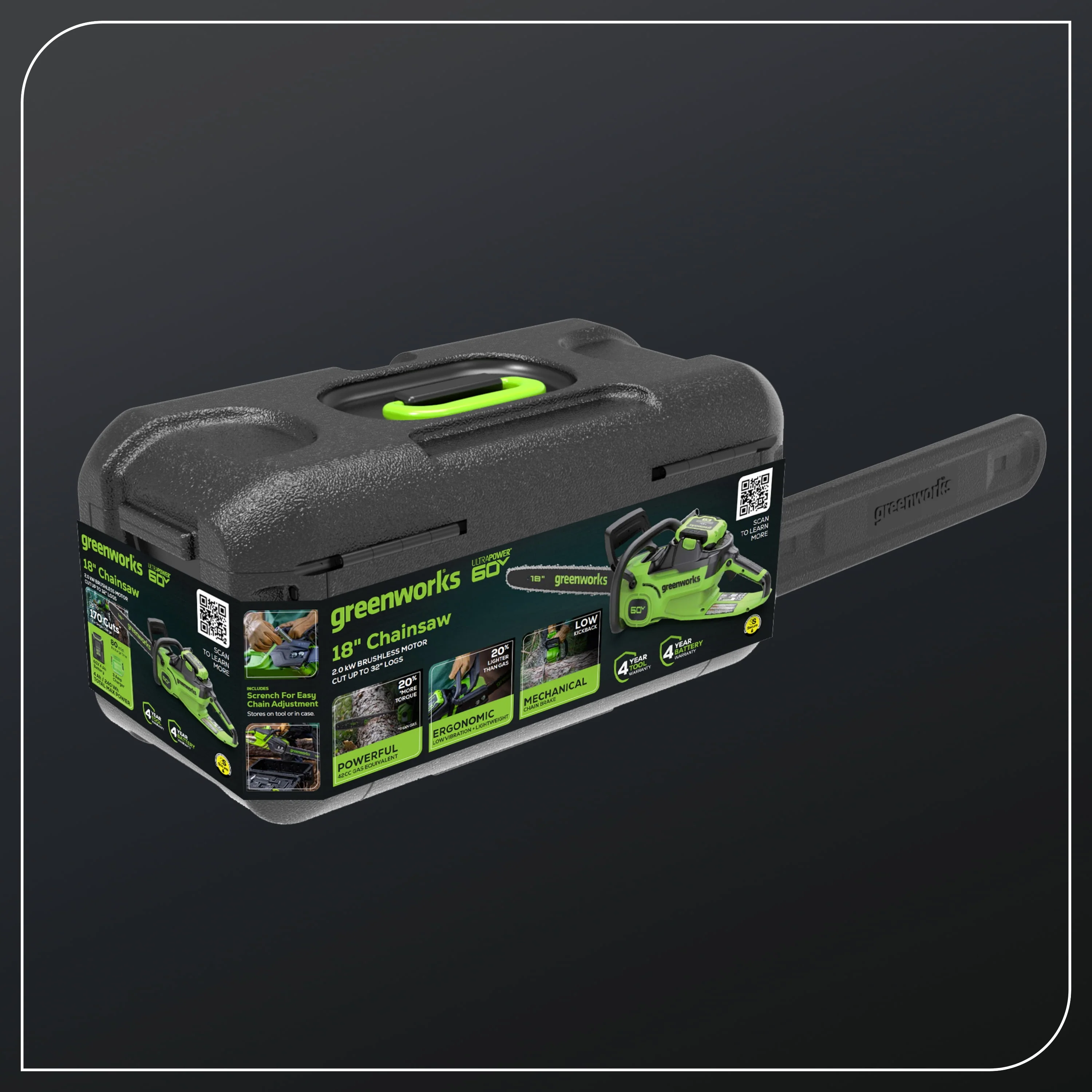 Greenworks 60V 18 2.0kW Brushless Chainsaw with 4.0 Ah Battery & 3 Amp Charger 2028502