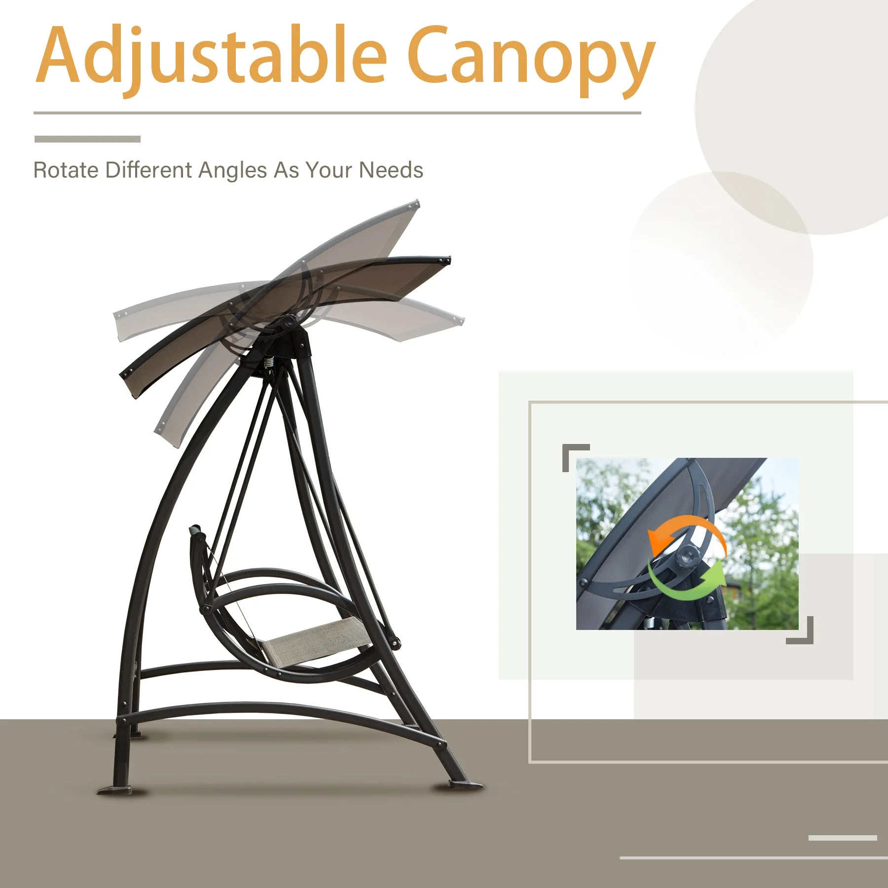 Domi Porch Patio Swing with Adjustable Canopy, 3-seat Swing with Stand, Outdoor Swings w/Armrests, Weather Resistant Steel Frame and Textilene Fabric