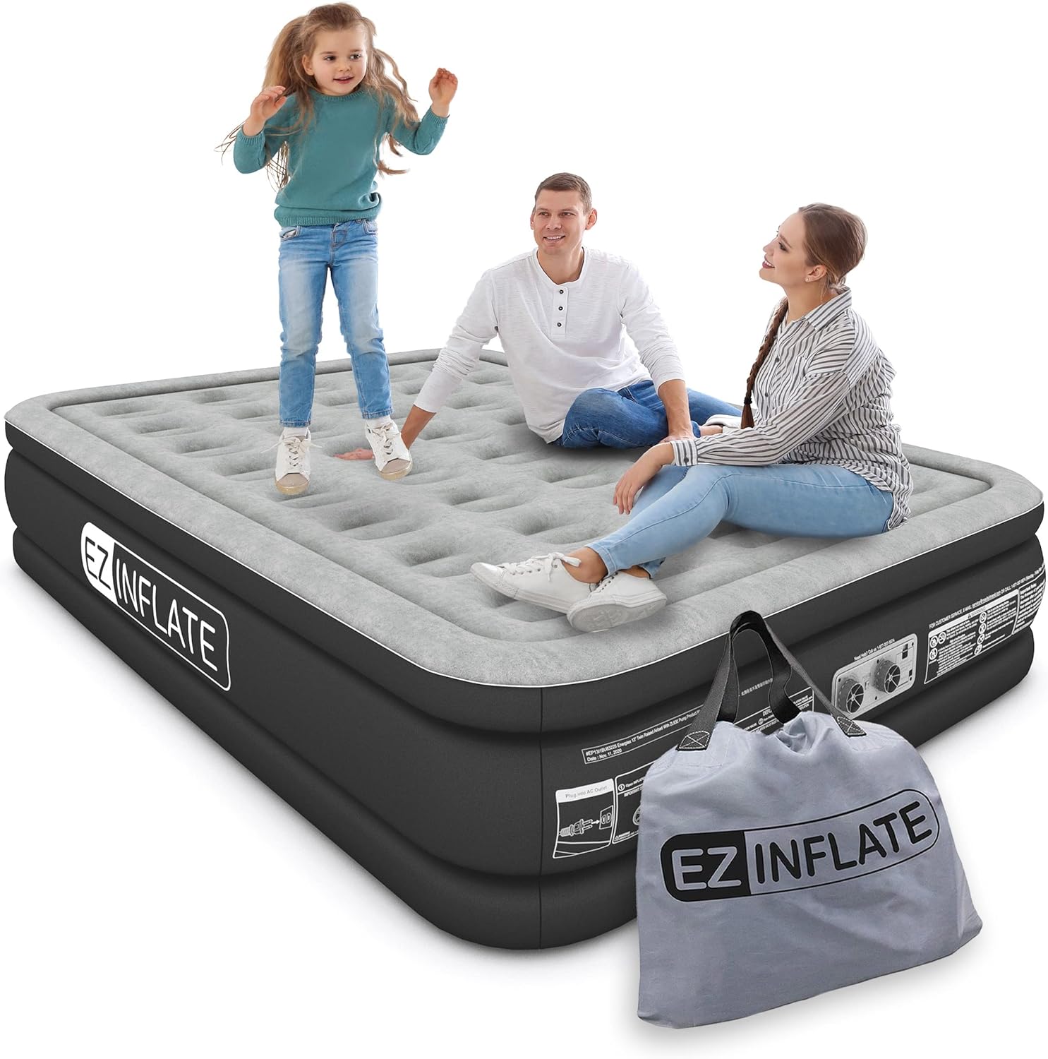 EZ Inflate Air Mattress with Built in Pump - Queen Size Double-High Inflatable Mattress with Flocked Top - Easy Inflate, Waterproof, Portable Blow Up Bed for Camping & Travel