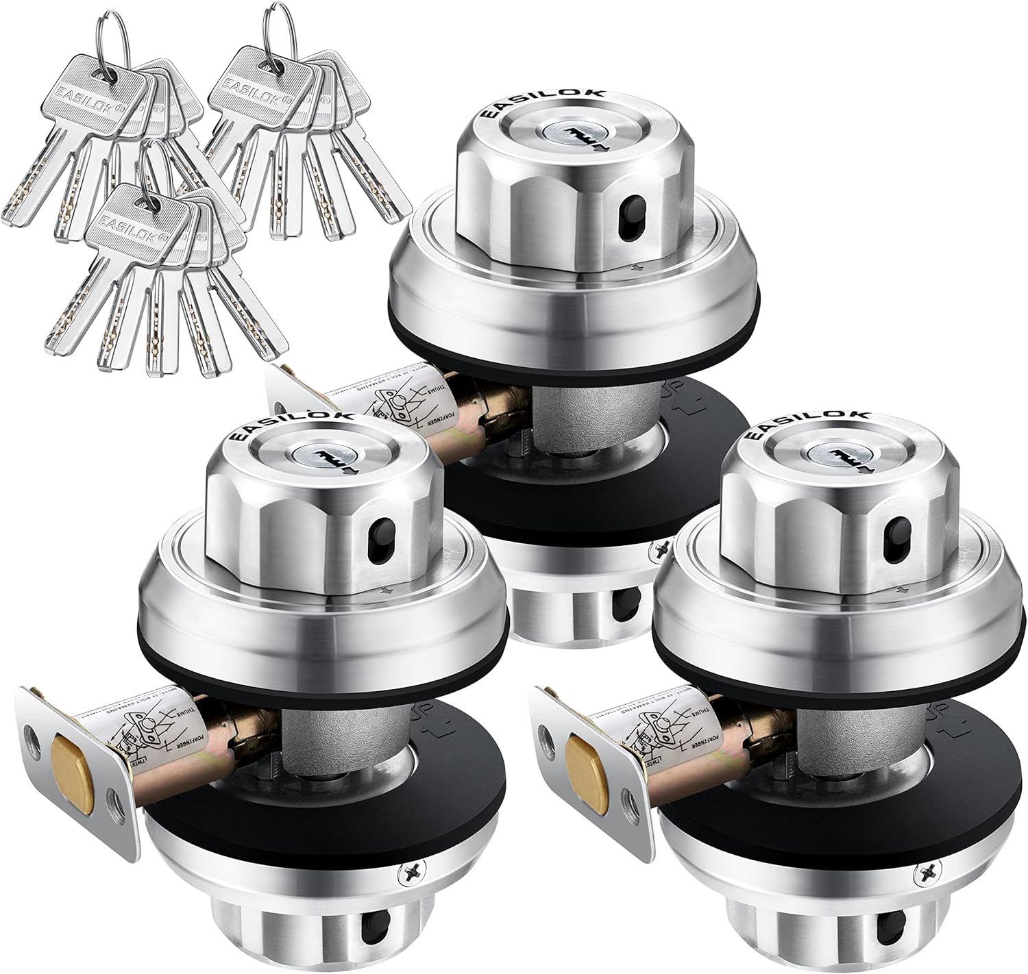 Twist to Lock front door lock keyless with an Unpickable Night Latch can keep deadbolt locked&unlocked status,single cylinder knob lock with an Anti-Mislock Button,3 locks keyed alike (dimple keyway),