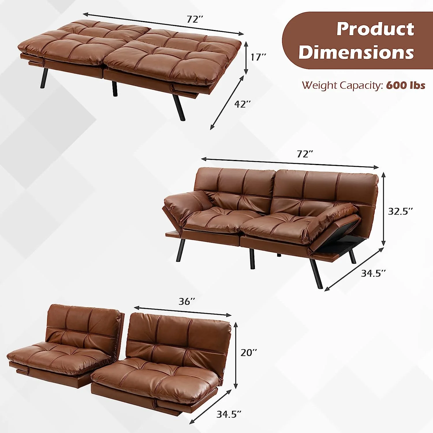 Futon Sofa Bed, Convertible Memory Foam Futon Couch Sleeper with Adjustable Backrest and Armrests, for Small Apartments Home Office, Brown