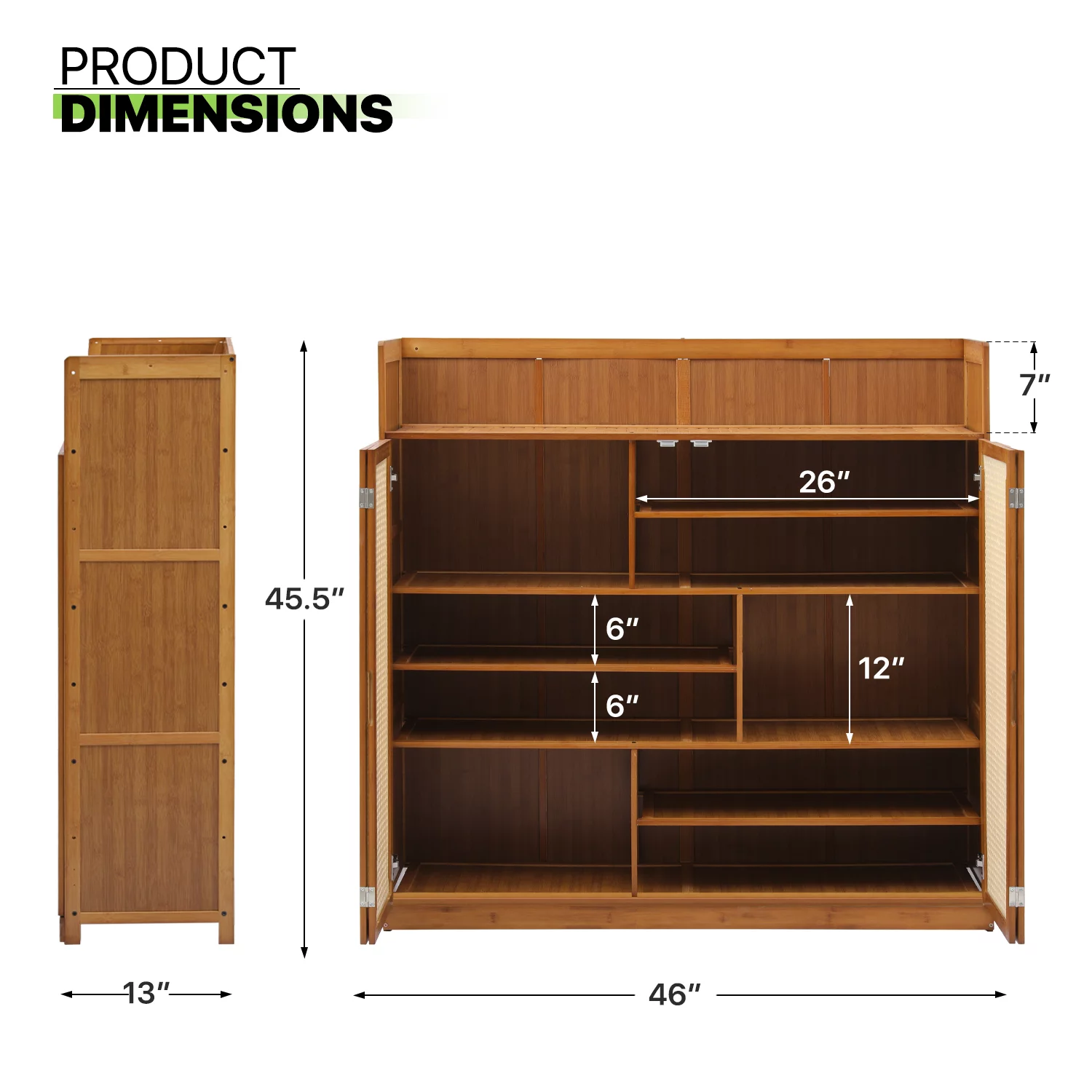 Magshion Bamboo 30 Pairs Shoe Cabinet, 7-Tier Entryway Shoe Storage Cabinet with Folding Rattan Doors and Boots Compartments, Shoe Rack Organizer For Hallway Living Room, Brown