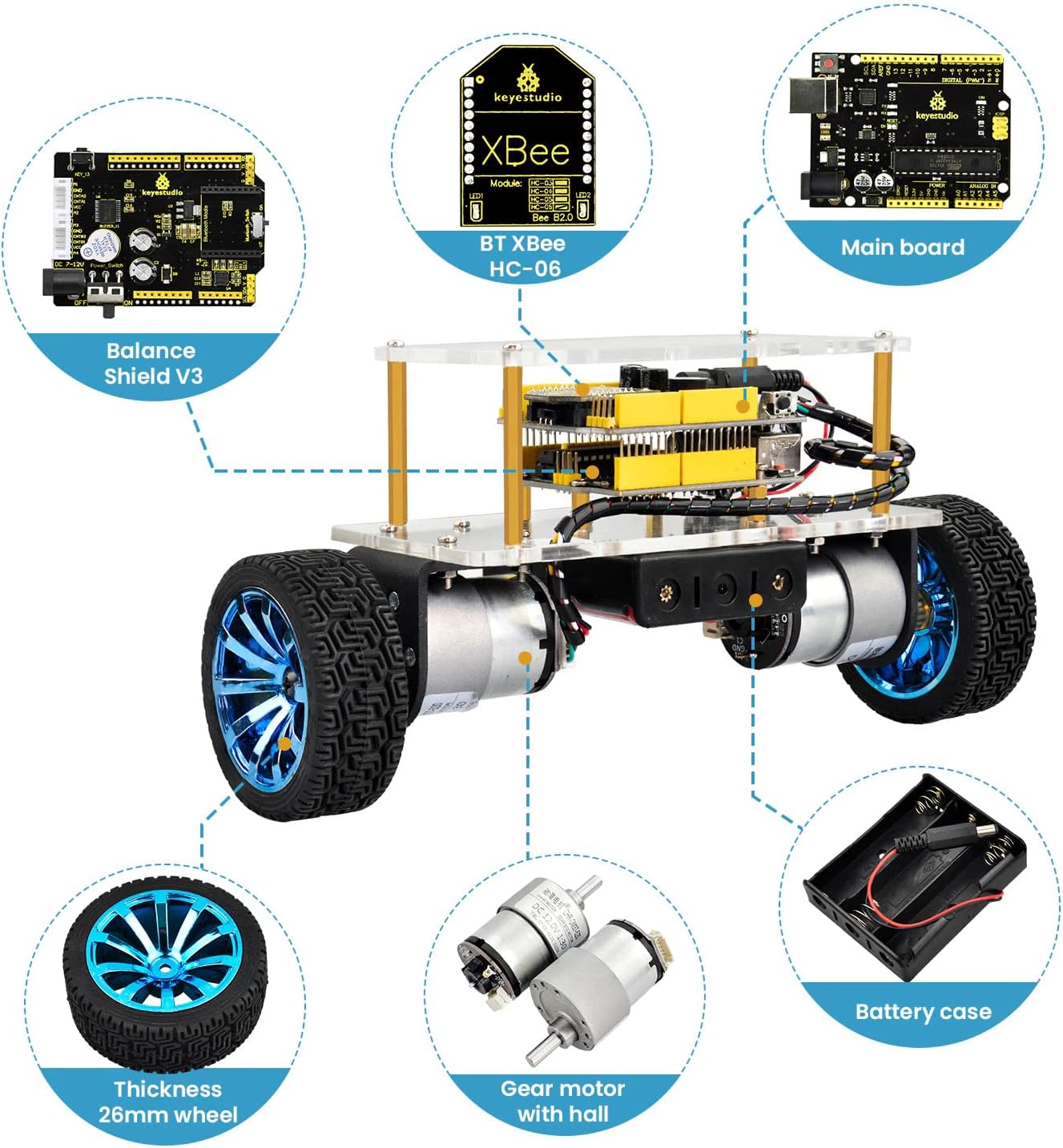 KEYESTUDIO Self-Balancing Robot Car Kit for Arduino DIY Project, Wireless Bluetooth Control, Strong DC Motors, Robotics and Electronics STEM Smart Car Kit for Adults to Build