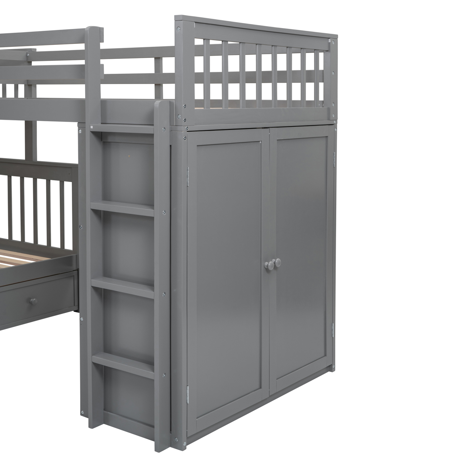 Churanty Twin-Twin Over Full L-Shaped Bunk Bed with Wardrobe Space,Solid Wood Staircase Bunk Bed with Portable Desk,Gray