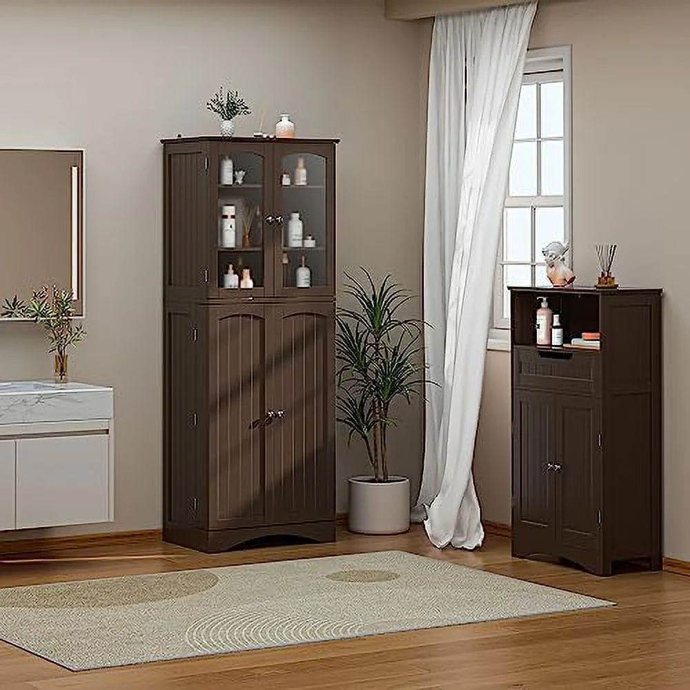 64" Kitchen Pantry Cabinet  Tall  Cabinet with Glass Doors and Adjustable Shelves  Freestanding Floor Cabinet Cupboard for Kitchen  Living Room  Dining Room (Dark Brown)