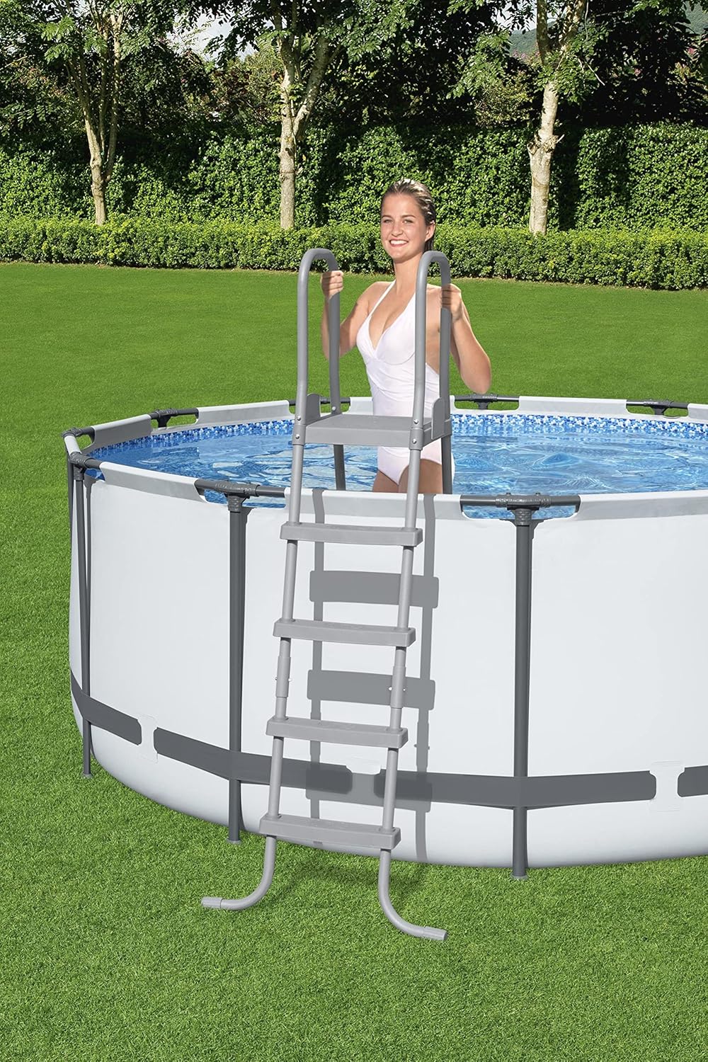 Bestway 58337E 52-Inch Durable Steel Above Ground Swimming Pool Ladder with No-Slip Steps in Gray with Arm Rails and Barrier
