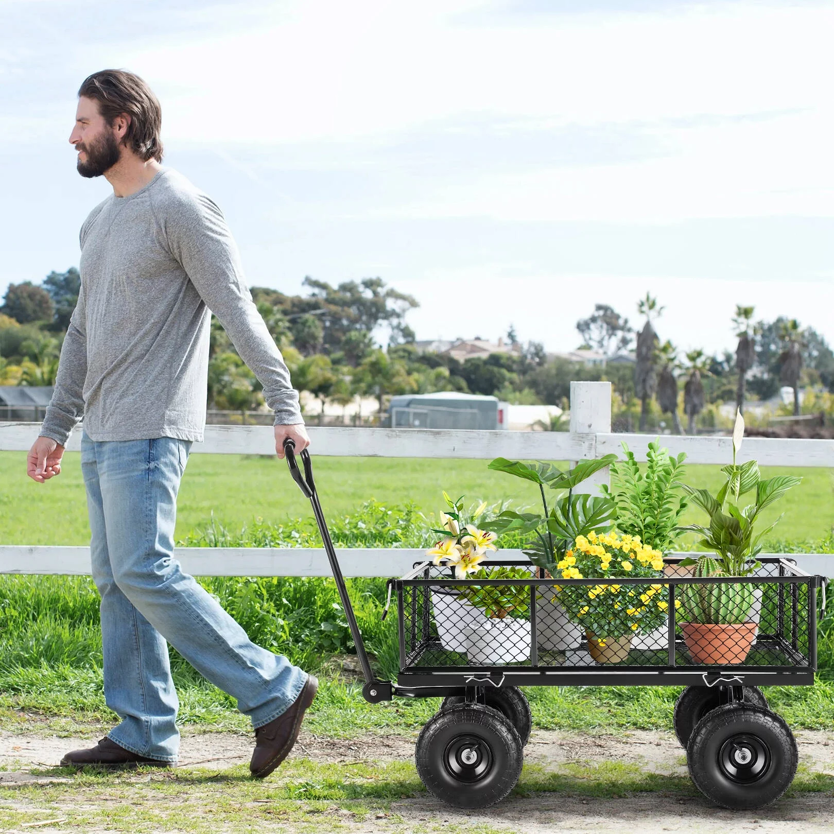 Funcid Steel Garden Cart, Heavy Duty 660 LBS Capacity, with Removable Mesh Sides to Convert into Flatbed, Utility Metal Wagon with 180° Rotating Handle and 10" Tires, Perfect for Garden, Farm, Yard