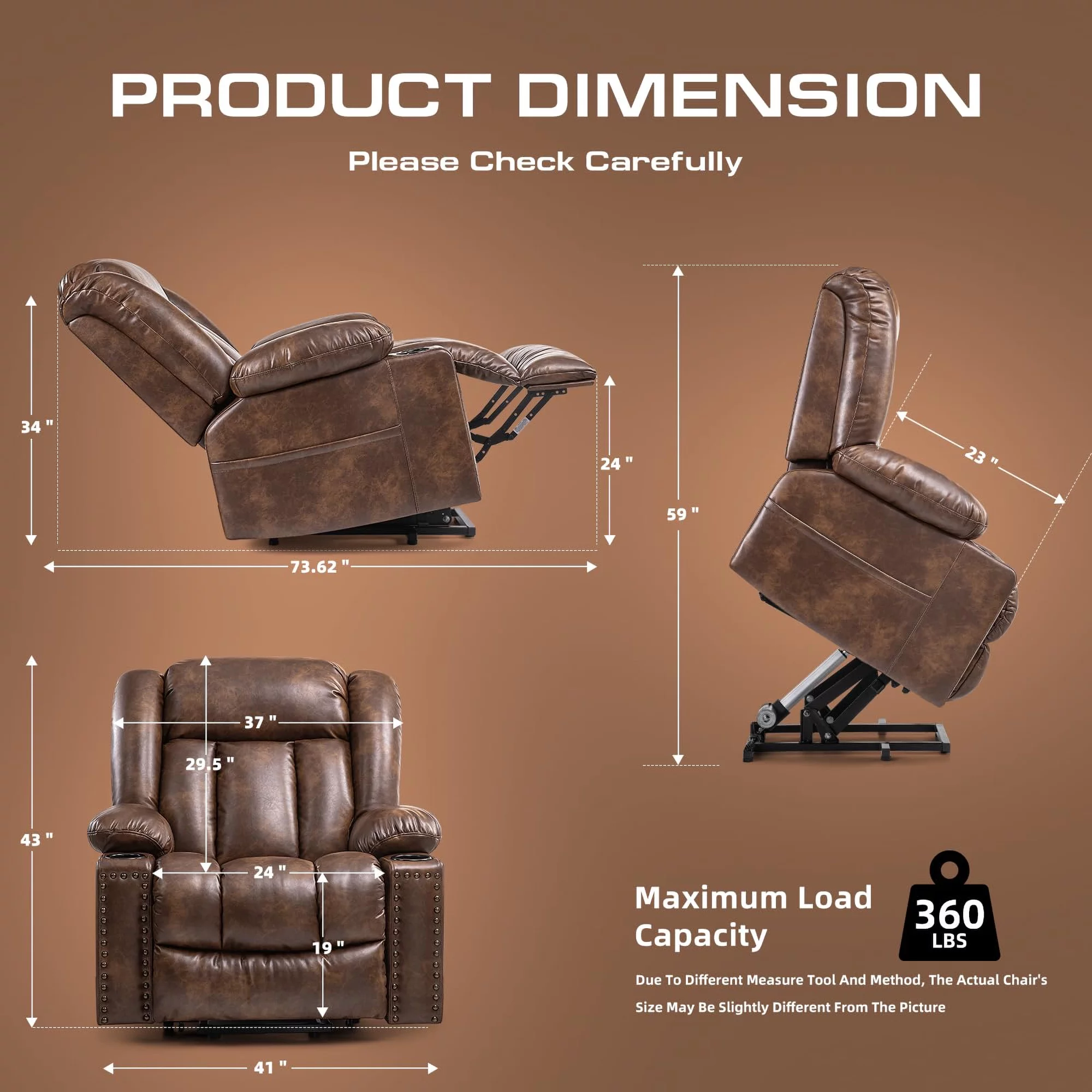SONORO KATE Large Power Lift Recliner for Elderly with Massage and Heat, 41" Wide Breathable Leather Chair, Brown