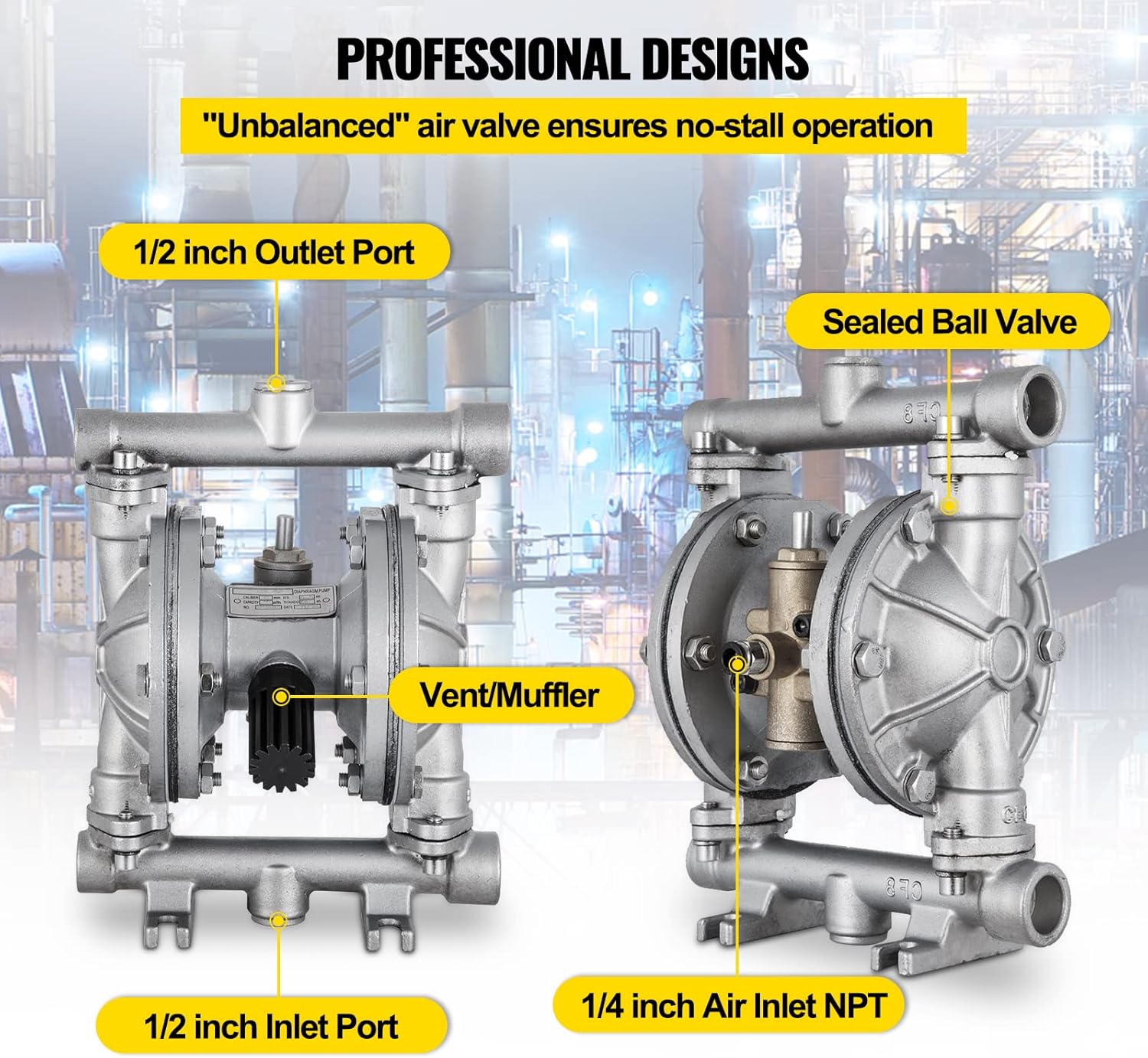 Happybuy Air-Operated Double Diaphragm Pump 1/2 inch Inlet and Outlet 304 Stainless Steel 12 GPM Max 115PSI Corrosion-Proof Nitrile Diaphragm Air Pump Chemical Industrial Use, QBK-15P-1/2 inch-12