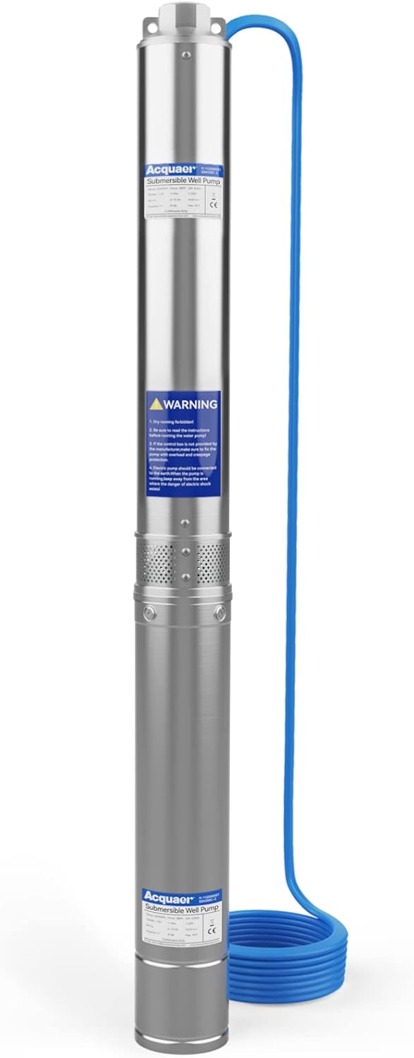 Acquaer 2 HP 220V Deep Well Submersible Pump, 37 GPM, 380' Head, Stainless Steel, 4'' Deep Well Water Pump for Irrigation, Home, Industrial, 10ft Copper Power Cord