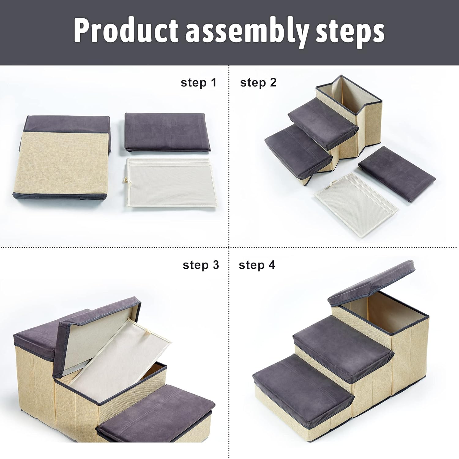 INRLKIT 3-Tier Pet Stairs, Foldable Dog Steps Dog Stairs/Ramps/Ladder for Beds Sofa, Pet Stairs for Older Dogs, Cats, Puppies, Injured Dogs, Small Dogs(Grey)