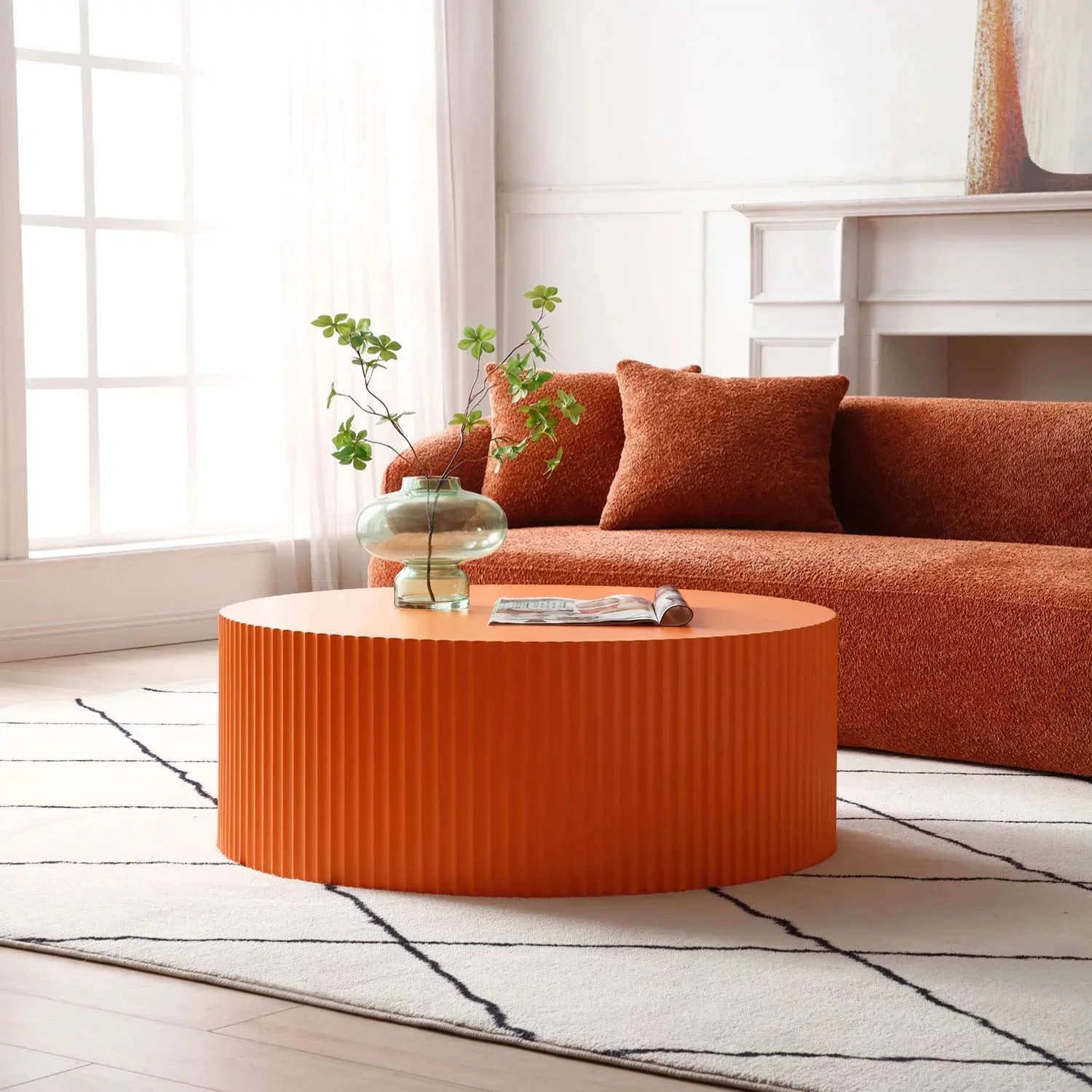 Kevinplus 35.43" Round Coffee Table, Matte Orange Wooden Large End Table for Living Room, Modern Luxury Side Tables Accent for Home Office