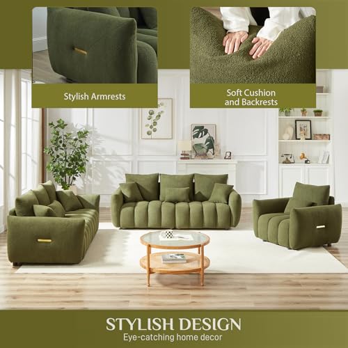 2 Piece Teddy Cloud Sofa Couch Set, Modern Deep Seat 3 Seater Boucle Sofa & Single Sofa Chair, Cozy Upholstered Sherpa Living Room Furniture Set for Apartment Office, Black