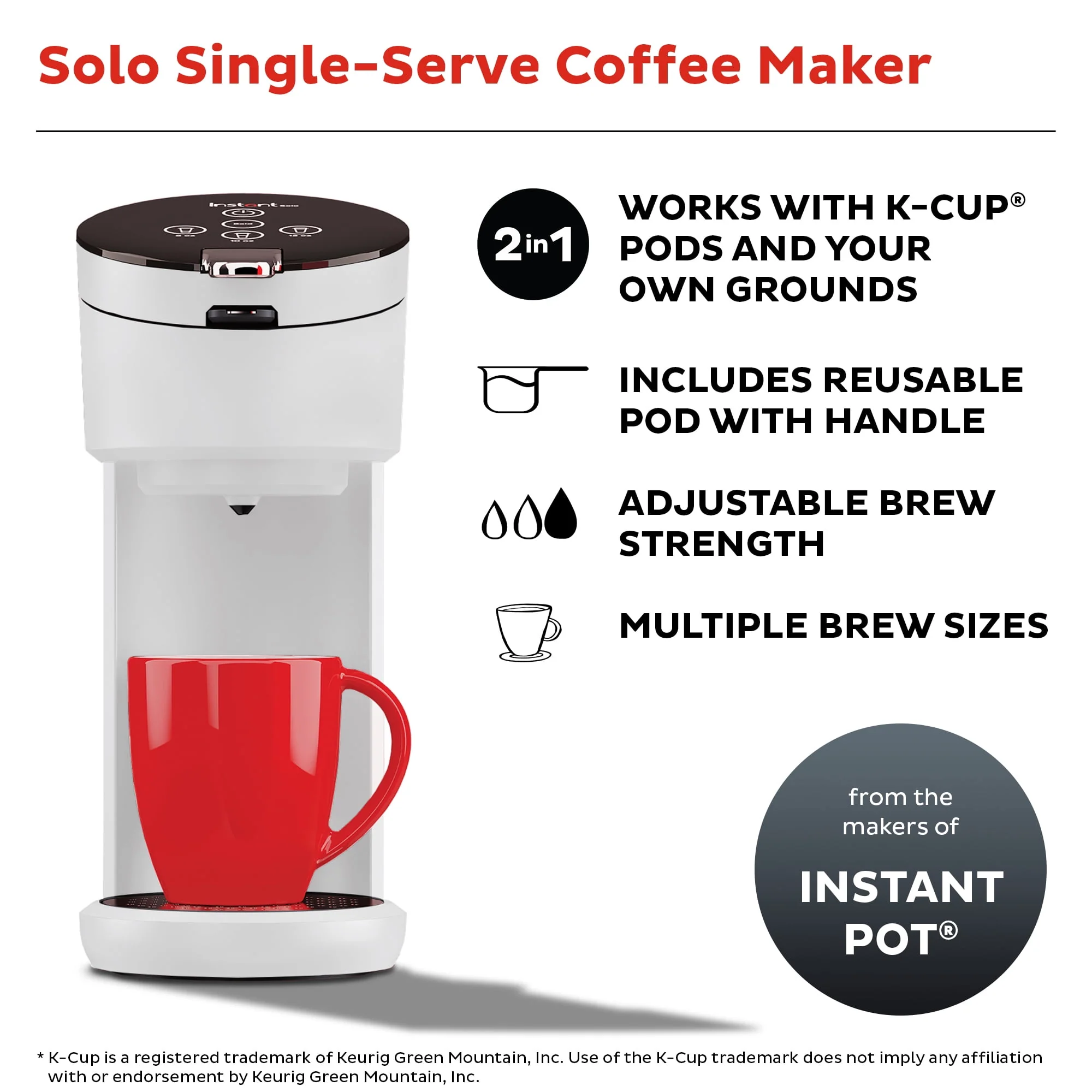 Instant Solo 2-in-1 Single Serve Coffee Maker for Ground Coffee or K-Cup Pods with 3 Brew Sizes, Maroon Red