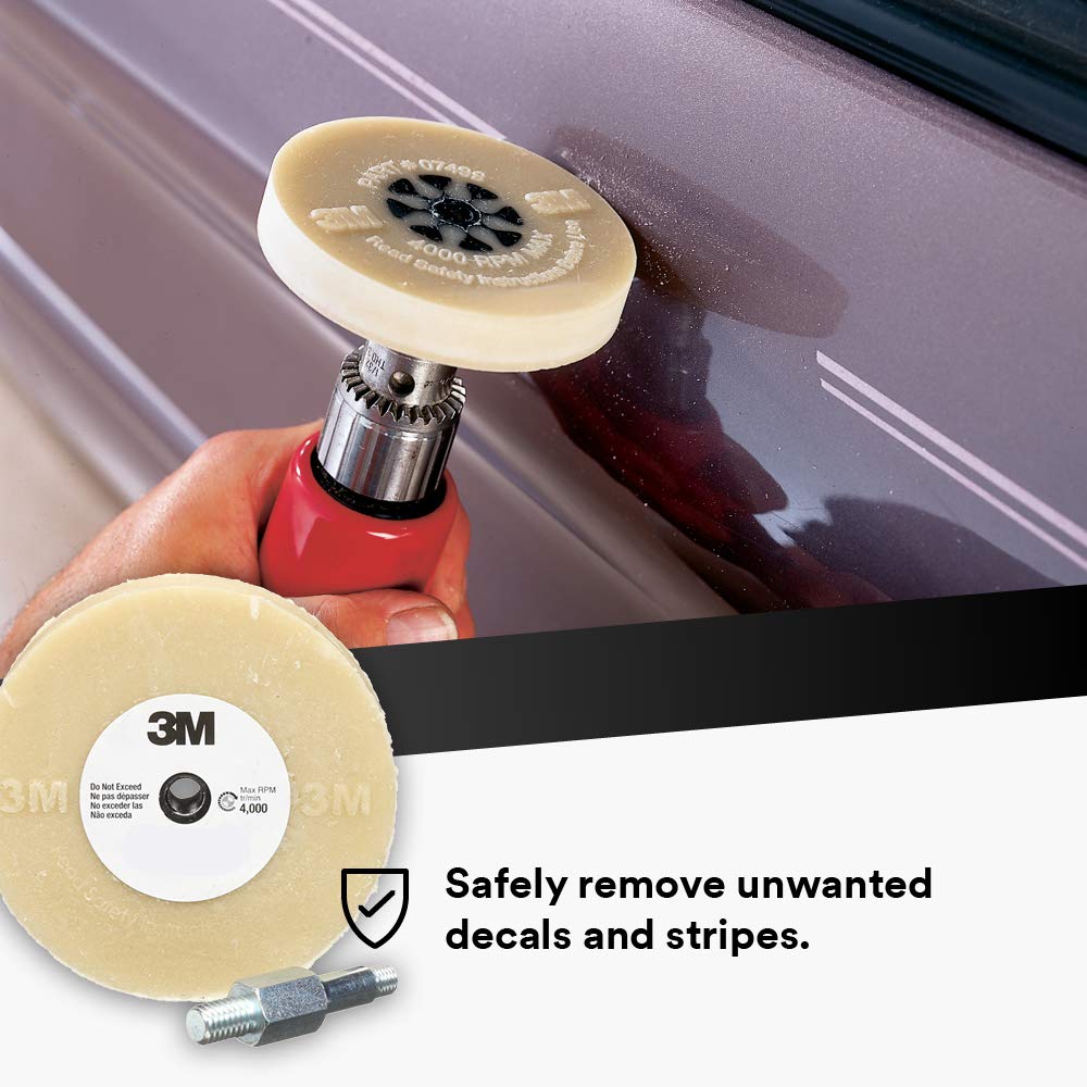 3M Stripe Off Wheel Adhesive Remover Eraser Wheel Removes Decals, Stripes, Vinyl, Tapes and Graphics 4” diameter x 5/8” thick 3/8-16 threaded mandrel 07498 Pack of 1 Pack of 2