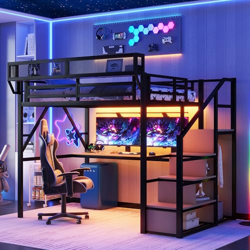 Full Size Loft Bed with Stairs and Storage, Metal Loft Bed Frame with Bedside Shelf and Large Under-Bed Space, Heavy-Duty Bed for Adults Teens and Kids, Black