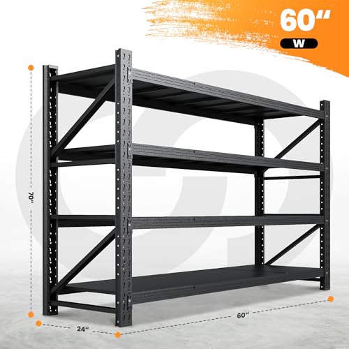71” W Storage Shelves Heavy Duty, 5000LBS Metal Garage Shelving Units, 4 Tier Storage rack shelf, Steel Industrial Shelving , Adjustable Standing Shelf for Basement/Warehouse 71"W x 24"D x 70"H, Black