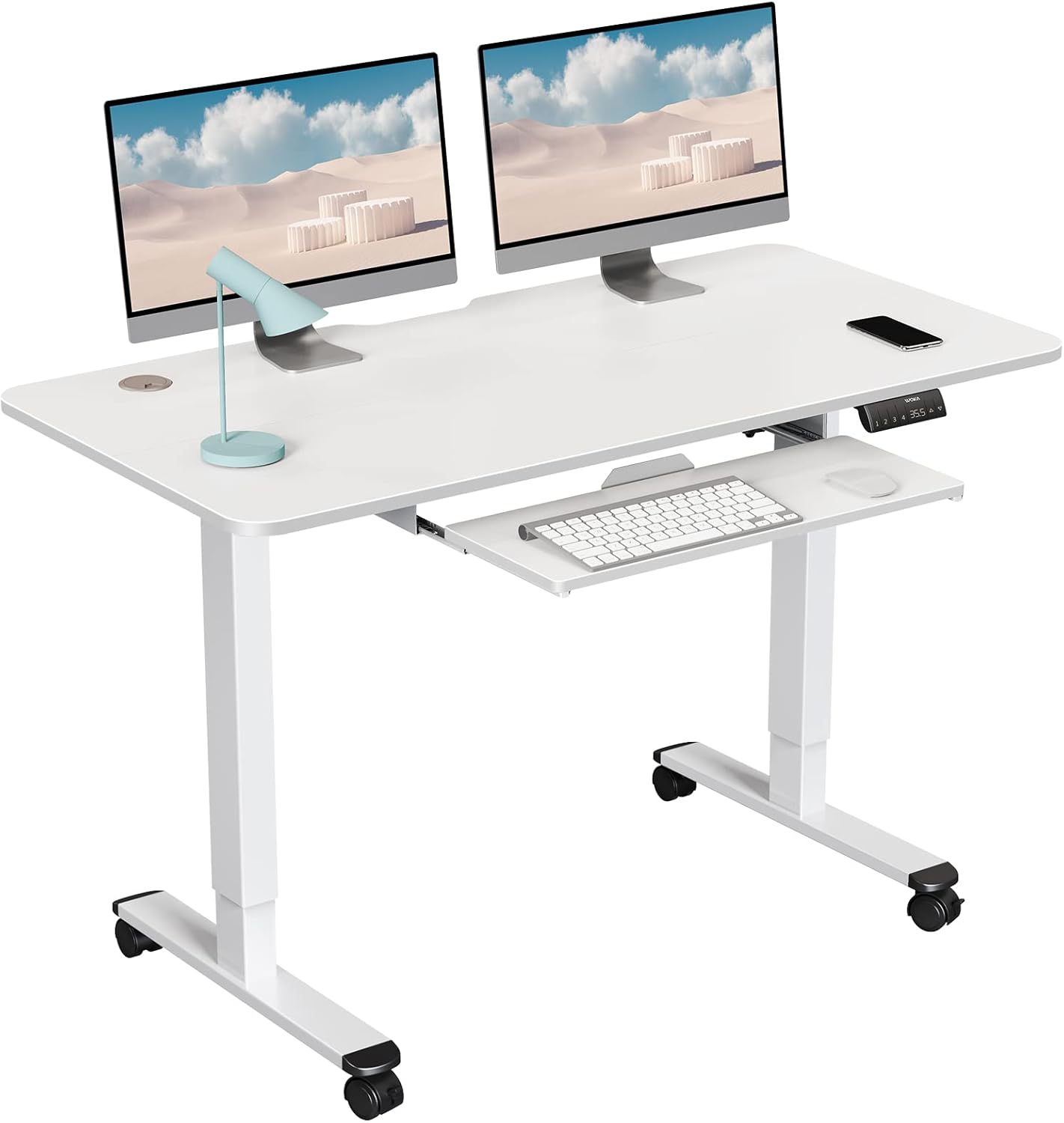 WOKA Electric Standing Desk Adjustable Height, 48 x 24 Inches Stand up Desk with Keyboard Tray, Sit Stand Desk with Memory Controller for Home Office, Motorized Desk with Splice Board, Black