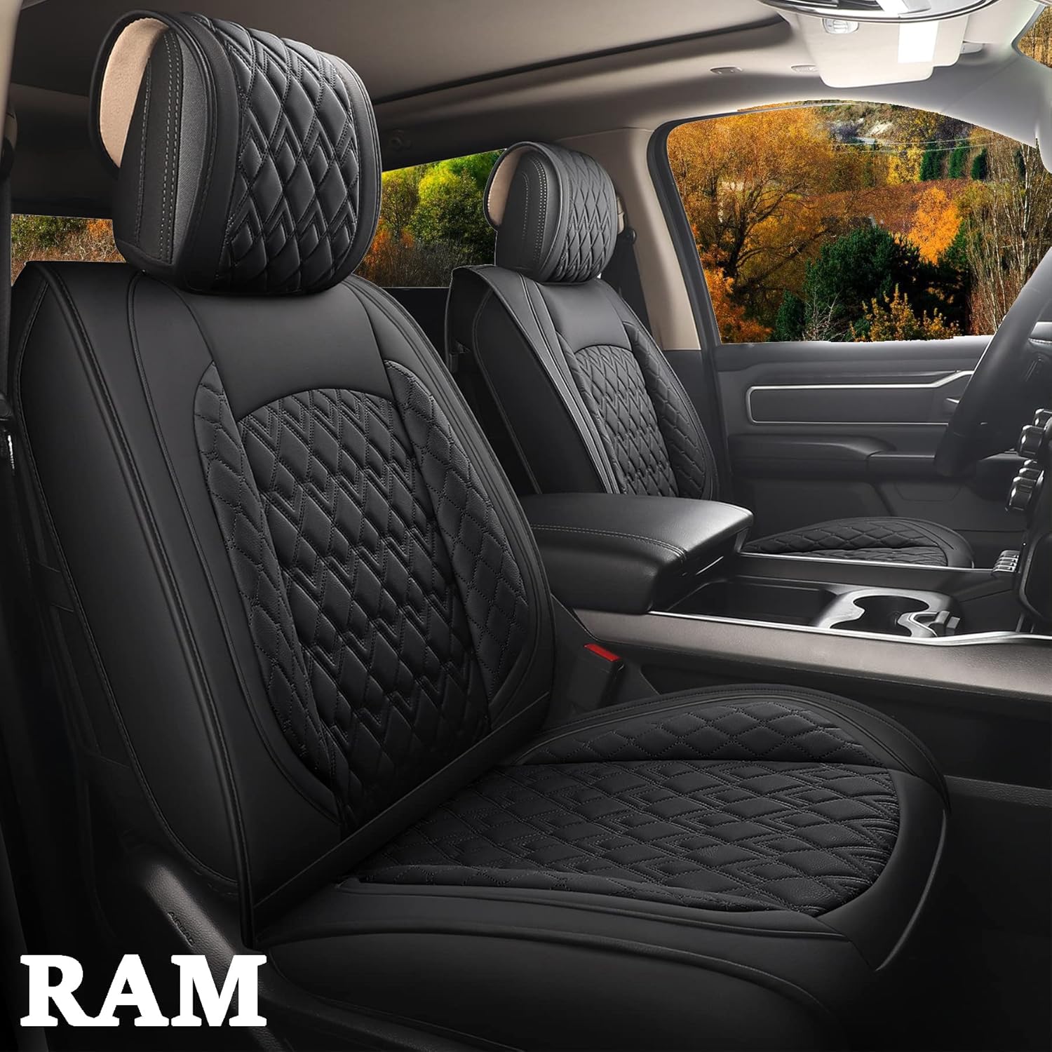 JOJOBAY Car Seat Covers for Dodge Ram 2 Pcs Front,Fit Ram 2009-2022 1500/2500/3500 Pick-up Truck,Crew,Regular,Quad,Mega Cab,Waterproof Synthetic Leather Seat Covers Protectors（2 PCS Front,Black-Grey）