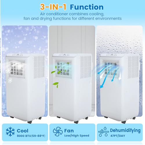 Acekool 8000 BTU Portable Air Conditioners, Portable AC with Remote Control for Room up to 350 Sq.Ft, 3-in-1 Functions/Digital Display/24 Hrs Timer/Caster Wheels for Home/Office/Dorms