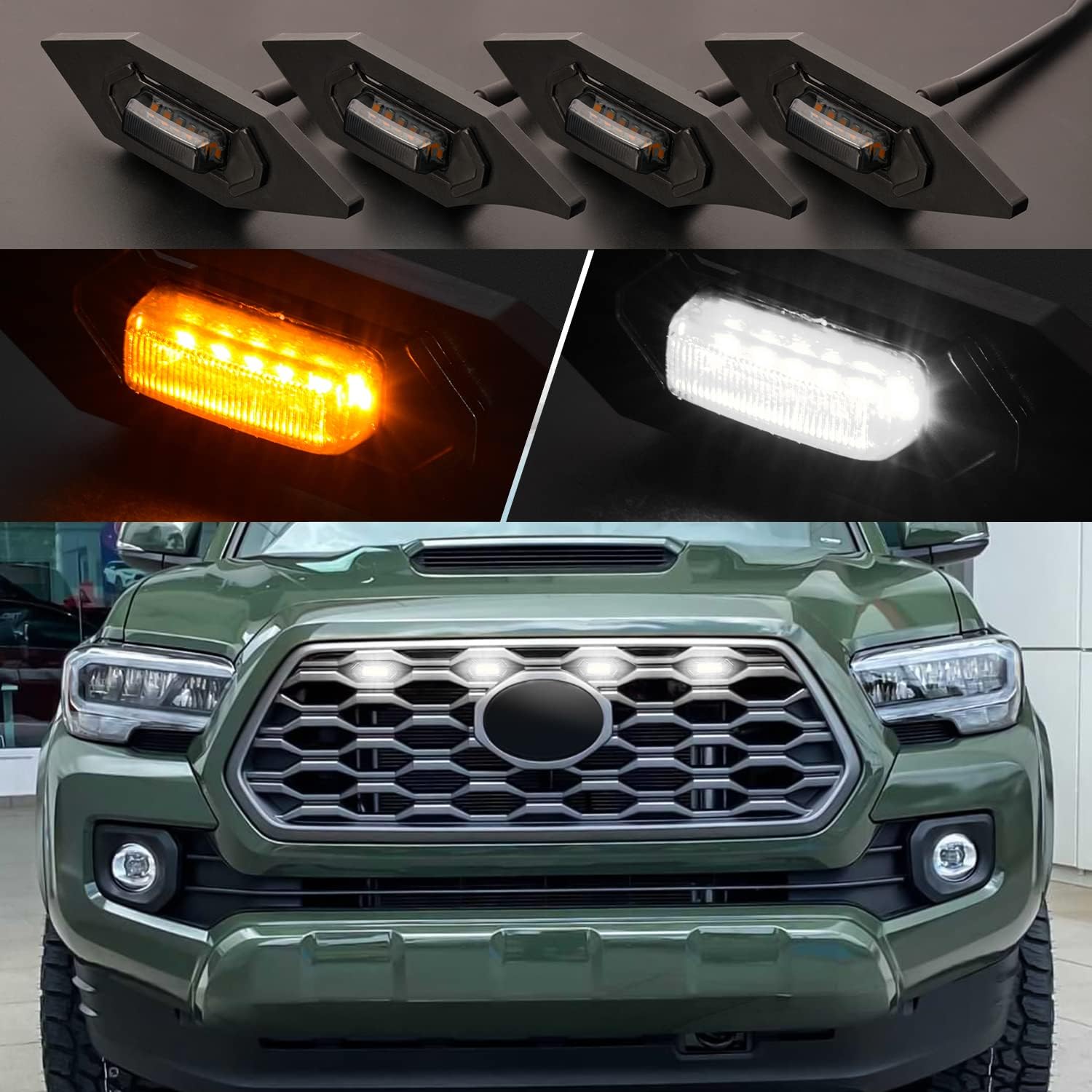 Kingory 4pcs Raptor LED Light Upgrade For 2020 2021 Tacoma OEM Grill, For 2022 Tacoma grille lights LED Grill Lights Compatible With TRD Off Road and Sport OEM Grille（Black Shell Amber Light）