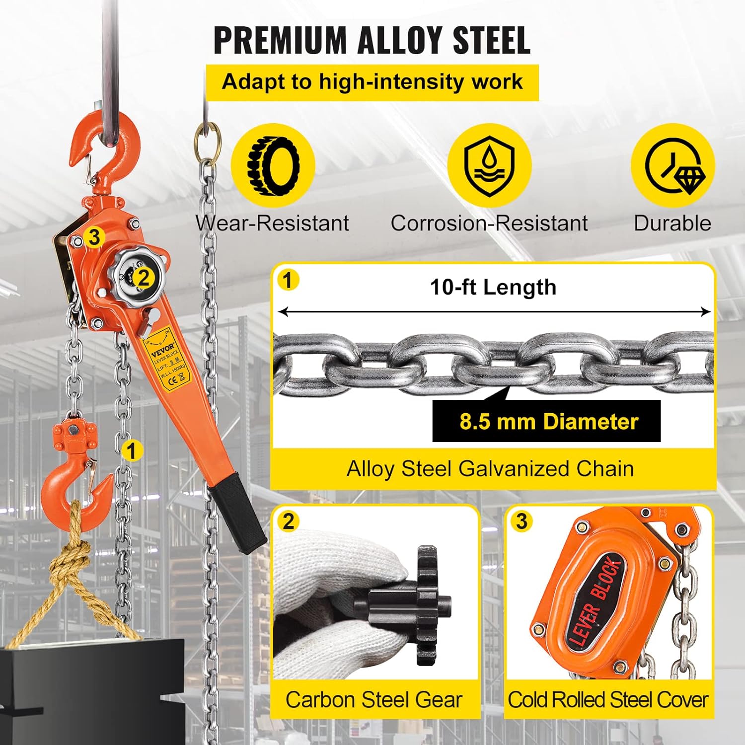 VEVOR Lever Chain Hoist, 1.5Ton 3300lbs Capacity Ratchet Puller with 10FT Max. Lifting Height, Come Along 2 Heavy Duty Steel Hooks, Manual Handling Tool for Cargo Moving in Construction, Warehouse