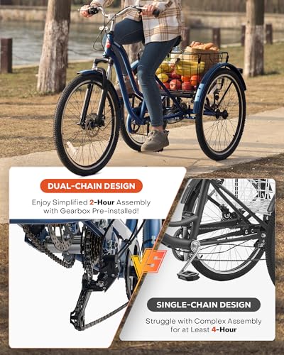 Viribus Adult Tricycle, Tricycle for Adults with Front Suspension and Removable Basket, 24 26 Inch 3 Wheel Bike for Adults 7 Speed Dual Chain, Adult Trike for Men Women Seniors, 400 lb.