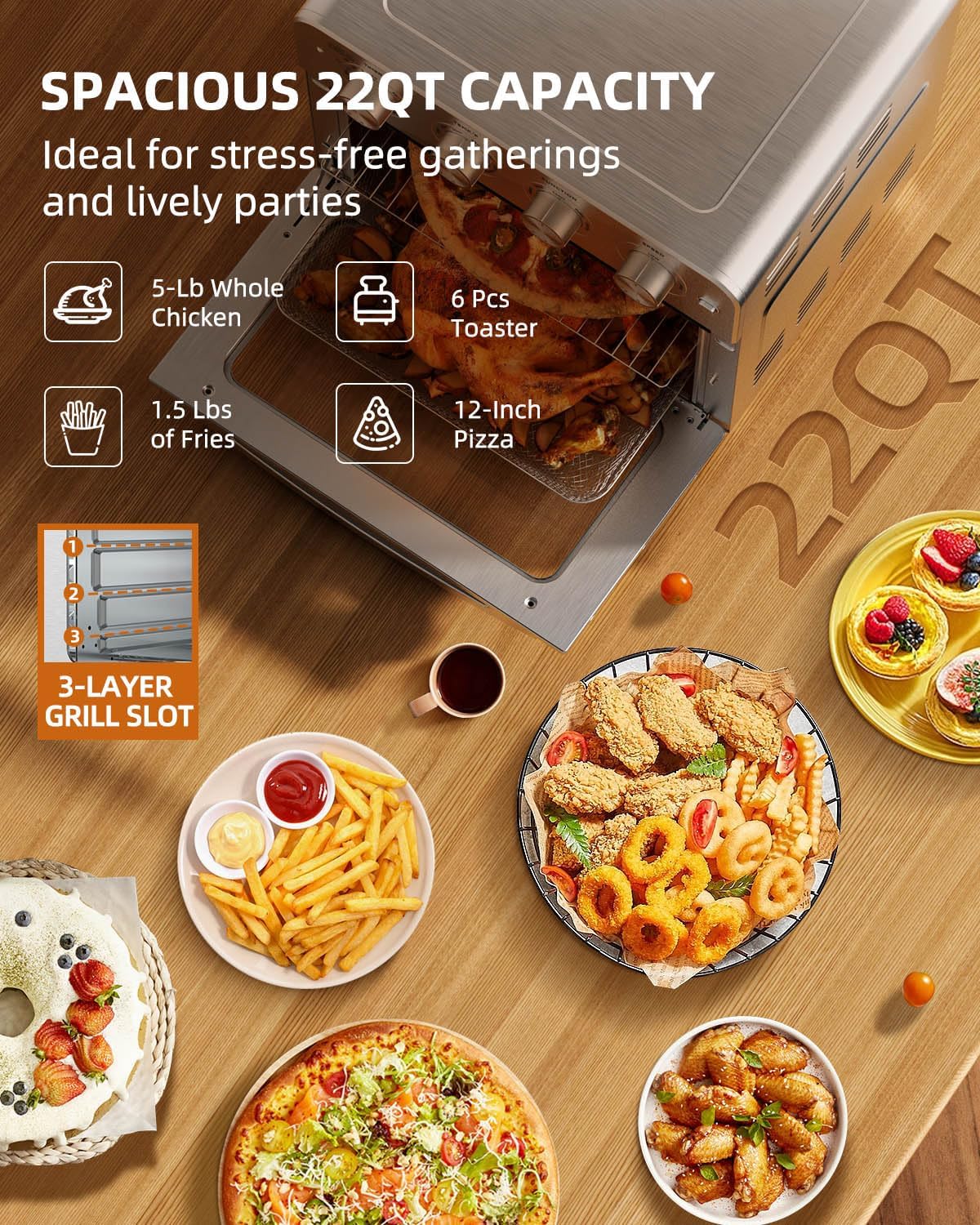 Air Fryer Toaster Oven Combo, 22QT Air Fryer Oven, 5-In-1 Toaster Oven Air Fryer Combo With Warm, Broil, Toast, Bake, Air Fry, Toaster Convection Oven Oil-Free, Stainless Steel Air Fryer