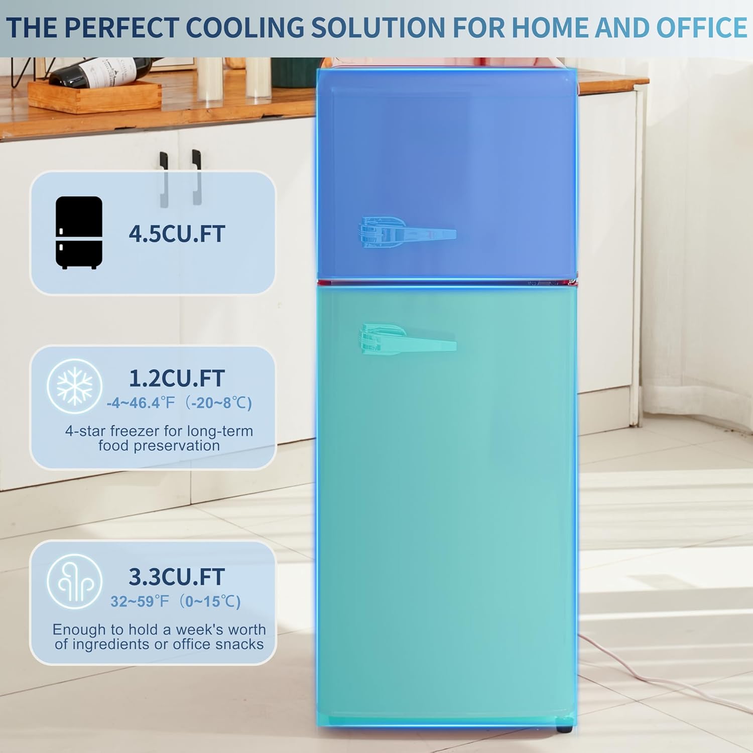 Dual Zone Compact Retro Refrigerator with Adjustable Shelves,4.5 cu. ft.Dual Zone Refrigerator,3.3 Refrigerator+1.2 cu. ft.4 Star Freezer,7 Temperature Settings and LED Lighting,45 dB