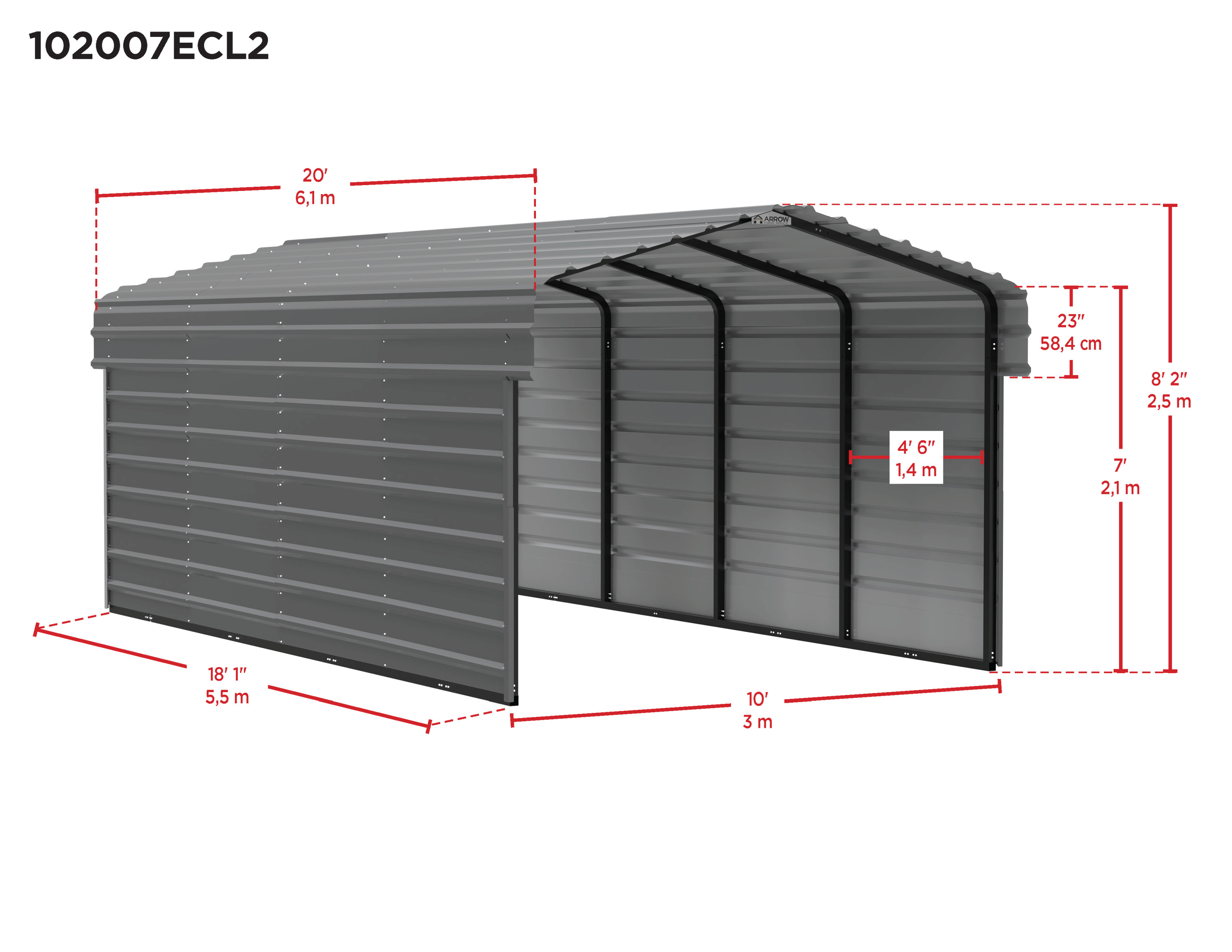 Arrow Carports Galvanized Steel Carport, with 2-Sided Enclosure, Compact Car Metal Carport Kit, 10' x 20' x 7' , Eggshell