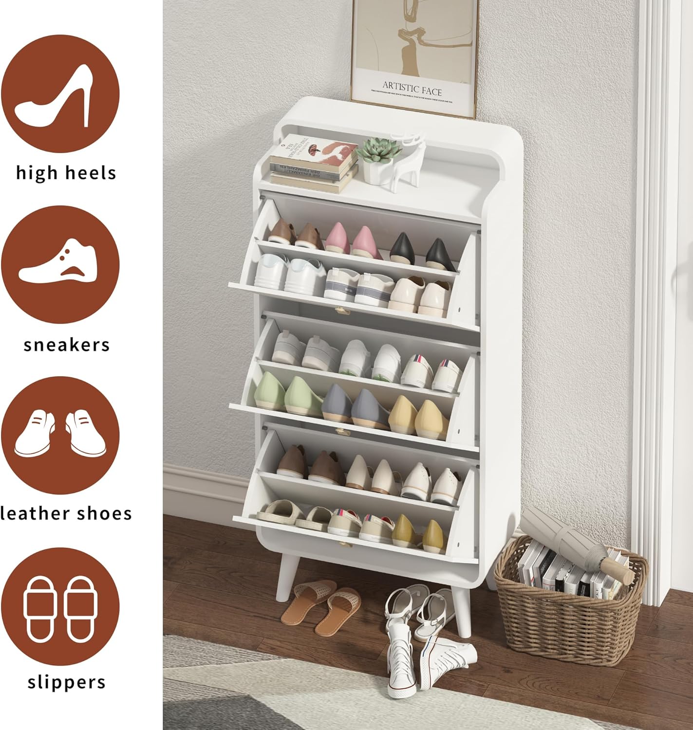 Modern Arc Design Shoe Cabinet with 3 Drawers - Elegant White Entryway Shoe Storage Solution for Closets, Apartments, Hallways & Outdoor Spaces