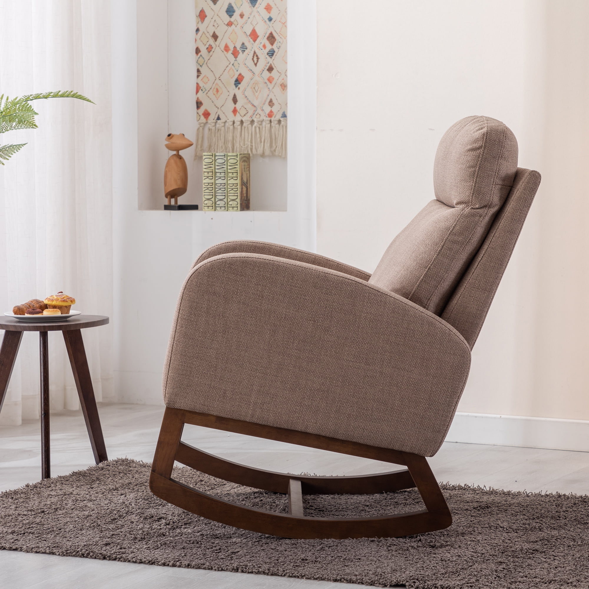 SYNGAR Modern Accent Rocking Chair, Upholstered Nursery Glider Rocker for Baby and Kids, Comfy Armchair with Side Pocket, Living Room Lounge Arm Chair, High Backrest with Wood Curved Base, Camel