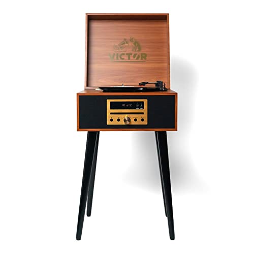 VICTOR Newbury 8-in-1 Turntable Music Center with 3-Speed Record Player, CD/MP3 Player, FM Radio, Dual Bluetooth In & Out, USB Playback & Record, Built-In Stereo Speakers & Chair Height Legs, Espresso