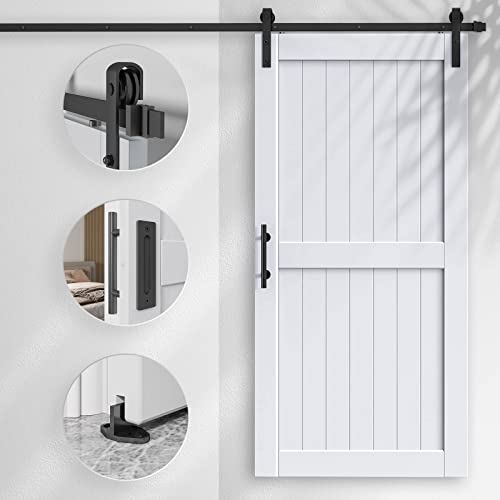 EaseLife 54 x 84 inch White Barn Door with 9FT Sliding Door Hardware Kit Included & Handle,Solid Wood Covered with Waterproof PVC Surface,DIY Assemblely,Easy Install,H-Frame,Fit 50-52in Wide Opening