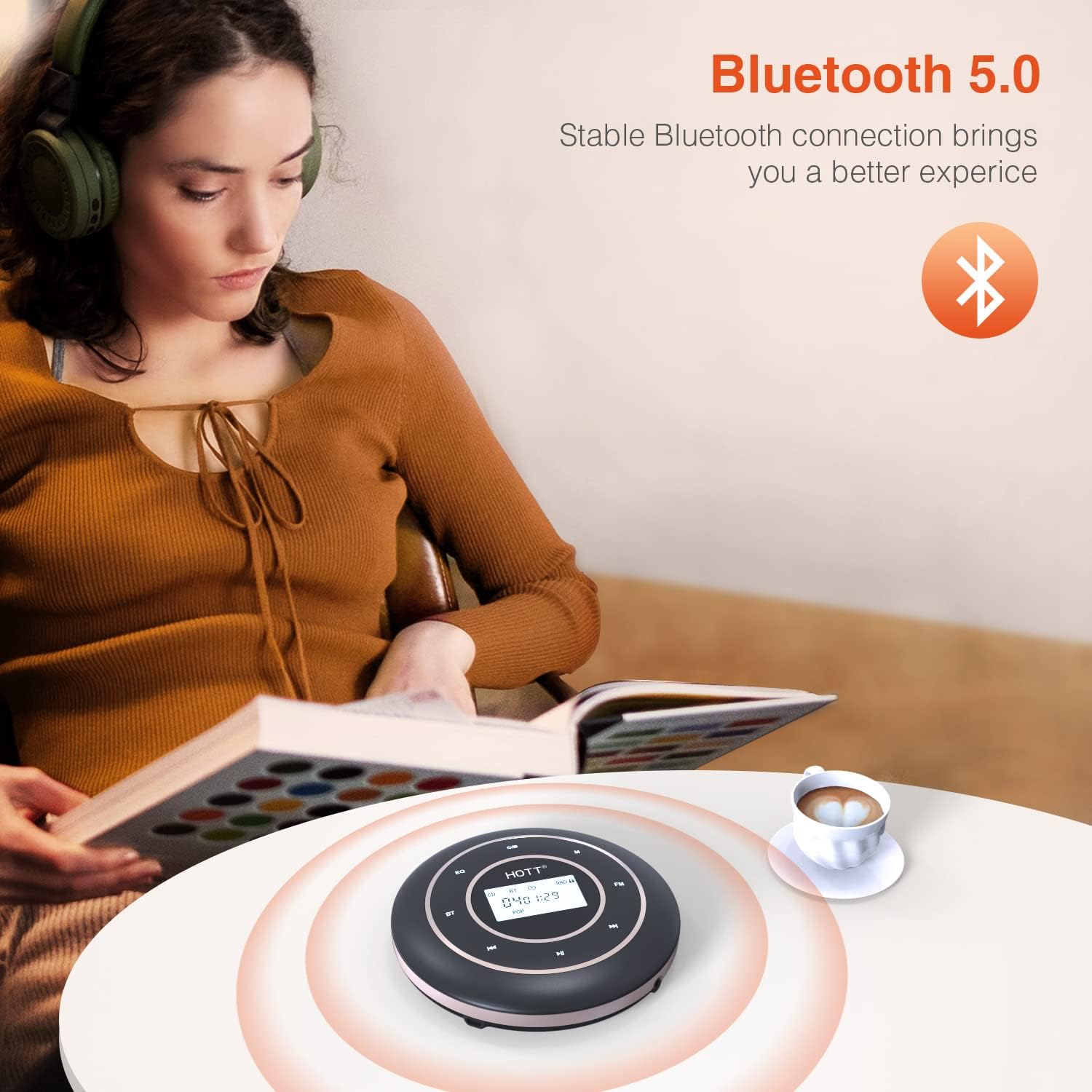 HOTT C105 Portable CD Player for Car with Bluetooth and FM Transmitter Rechargeable Compact CD Player with Touch Button Backlight Display for Home