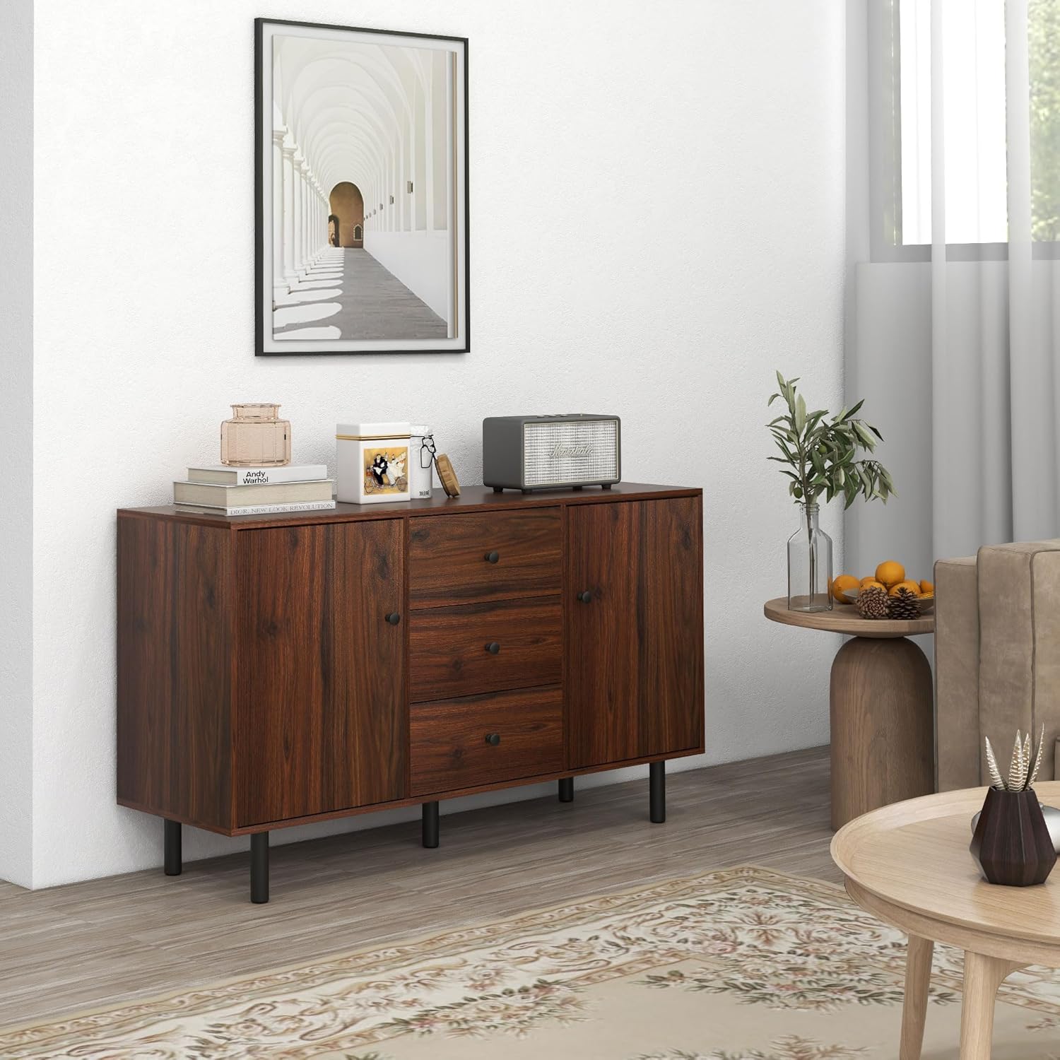 HOMCOM Sideboard Buffet Cabinet, Kitchen Cabinet with 2 Cupboards, 3 Drawers and Adjustable Shelves, Coffee Bar Cabinet for Living Room, Entryway, Brown