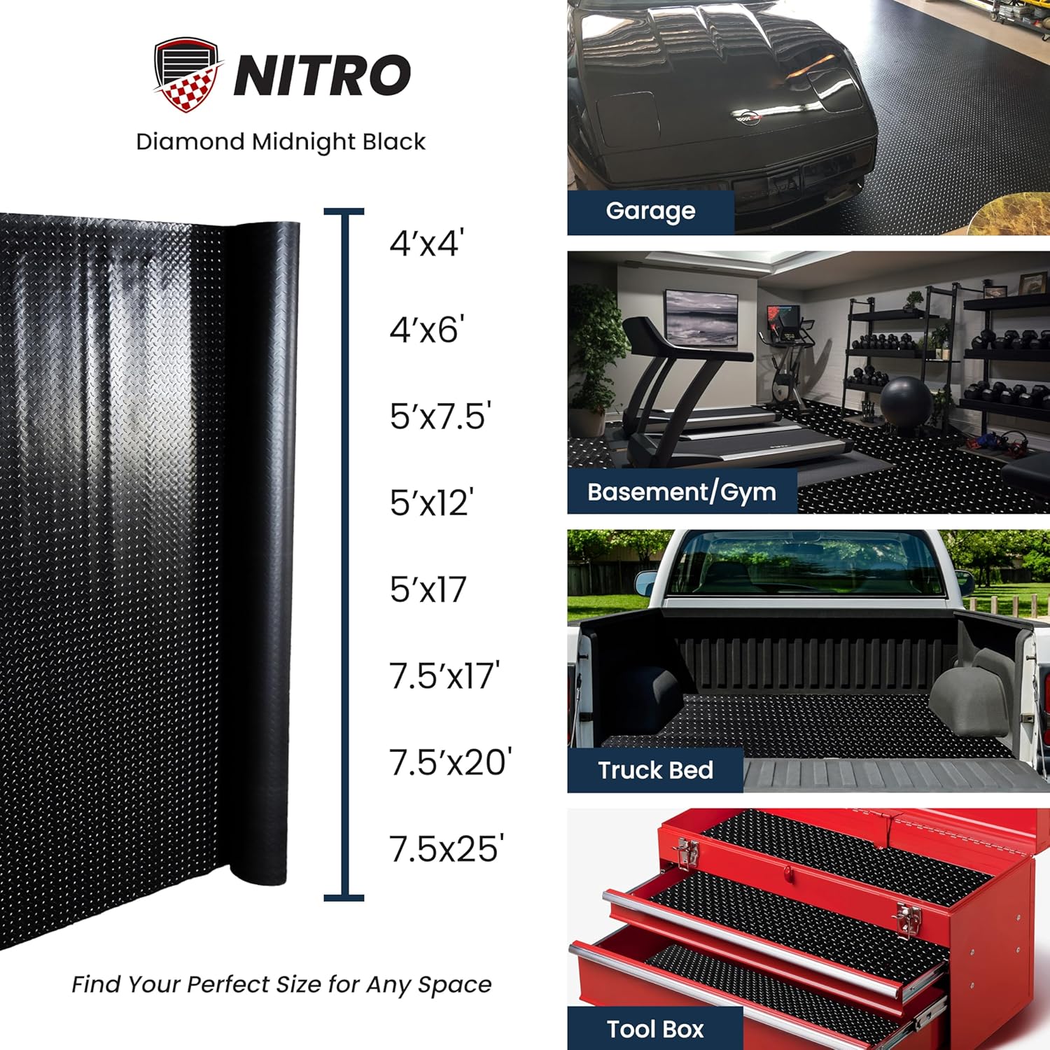 Flooring Inc's 1.6mm Nitro Garage Floor Mat, Truck & Car Garage Mat, Flexible Vinyl Garage Flooring for Stronger & Safer Garage, Workshop or Trailer, Diamond Pattern, 7.5' x 20', Midnight Black