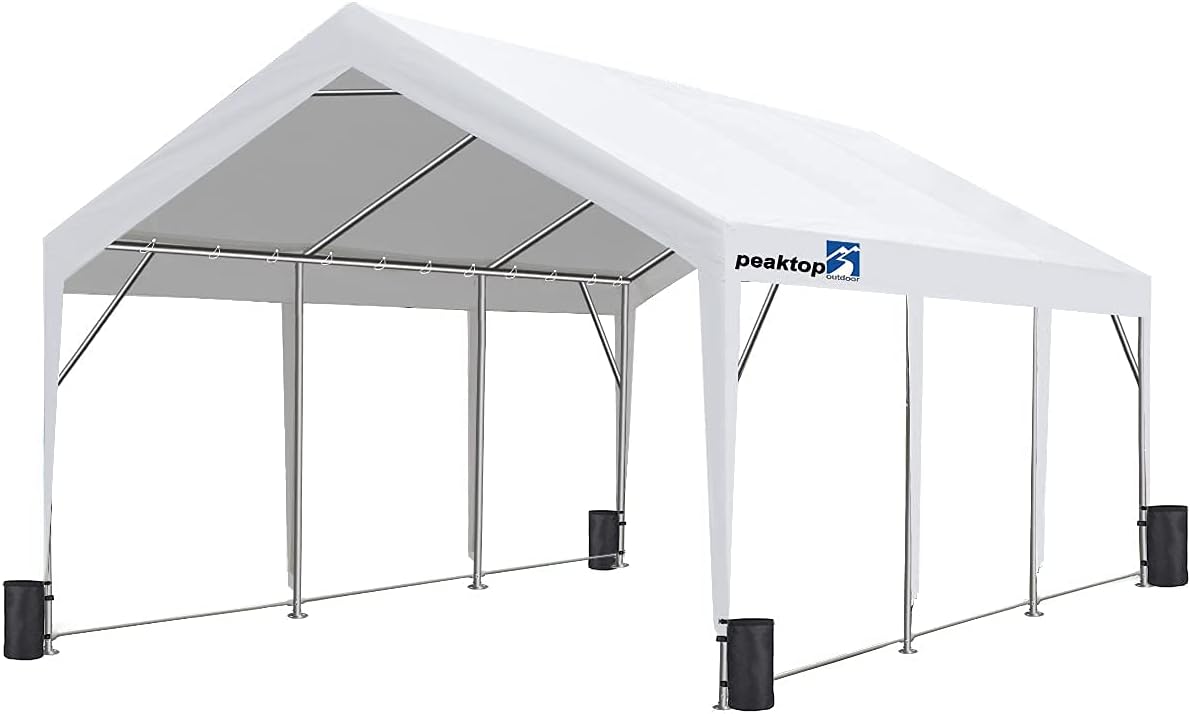 PEAKTOP OUTDOOR 12 x 20ft Upgraded Heavy Duty Carport,Portable Car Canopy,Garage Tent,Boat Shelter with Reinforced Triangular Beams and 4 Weight Bags,with Ground Bar