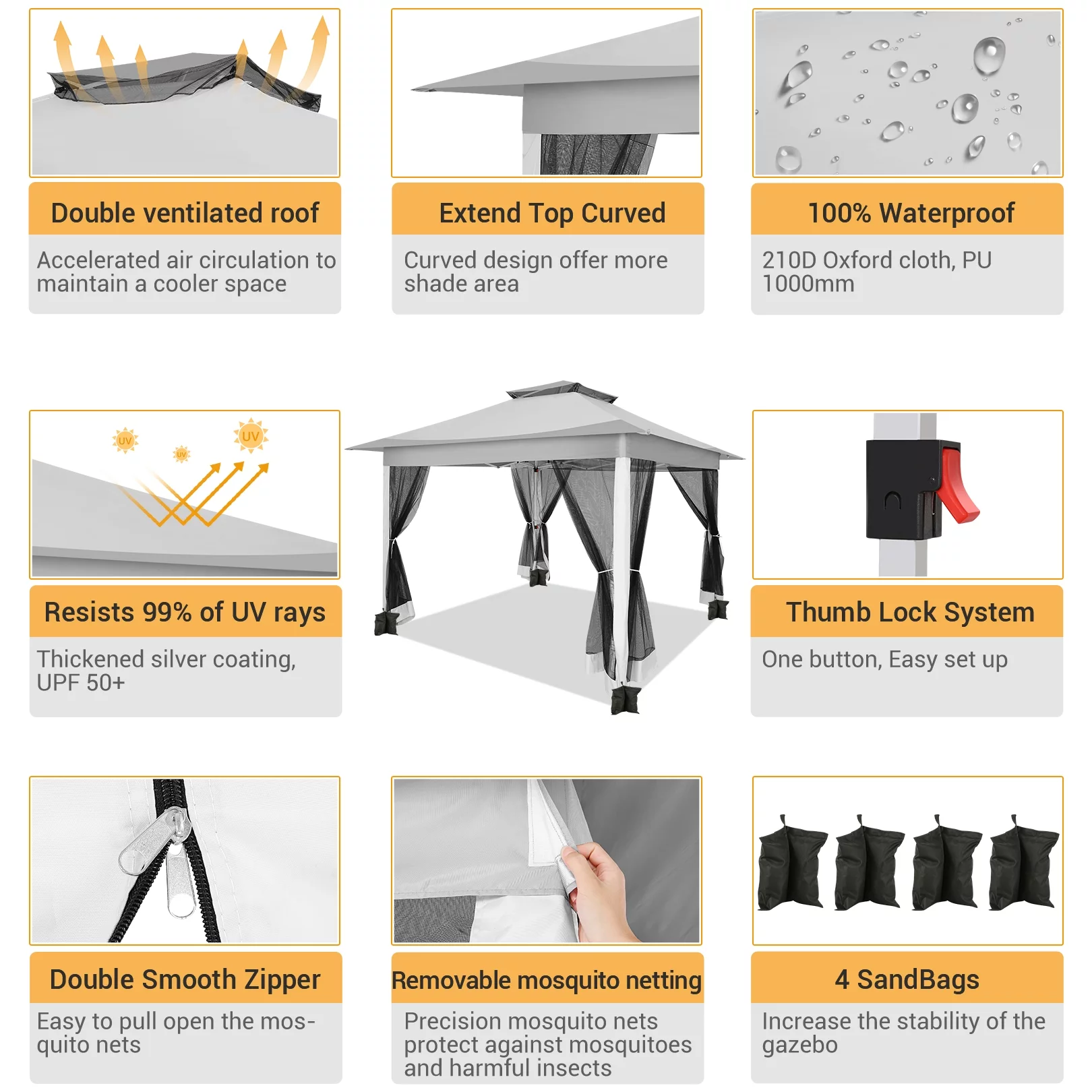 SANOPY 12x12FT Outdoor Gazebo Pop Up Gazebo with Mosquito Netting, Instant Patio Canopy Tent for Shade and Rain, 2 Tiered Vente Gazebo Canopy UPF 50+ for Garden Backyard with Carry Bag&4 Sandbags