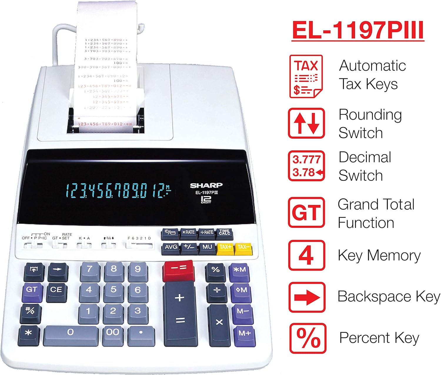 Sharp EL-1197PIII Heavy Duty Color Printing Calculator with Clock and Calendar