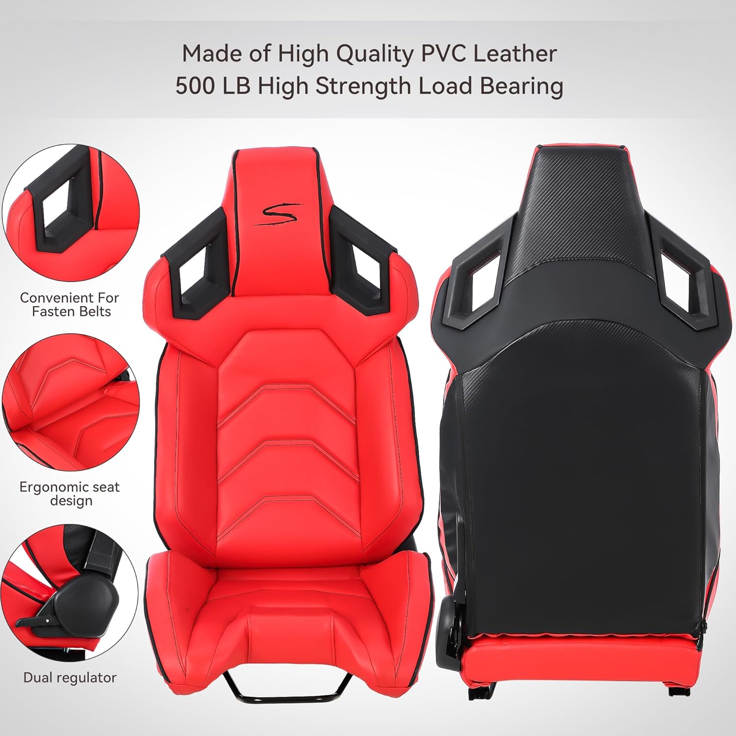 MAROUTE 1 Piece Universal Racing Seats with Dual Lock Sliders, PU Leather, Racing Bucket Seats, 23.6"×19.7"×37.4", Red+Black Stitching Racing Seat, Passenger Side